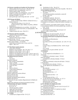 21
133 Errores cometidos por hombres de Dios famosos                 4 Desobedeció a Dios Nm 20.12
1 Moisés golpeó dos veces la roca Nm 20.10–12                     5 Fracasó por no honrar a Dios ante el pueblo Nm 20.12
2 Josué les creyó a los gabaonitas Jue 9.15                       135 La serpiente de bronce
3 David confió en Siba 2 S 16.4                                        Nm 21.4–10; Jn 3.14–15
4 Ezequías recibió a los embajadores 2 Cr 32.31                   1 El pueblo:
5 Pedro se apartaba de los gentiles Gl 2.12                            una raza de pecadores, muriendo a causa del
6 Bernabé se apartó Gl 2.13                                            pecado Nm 21.6
7 Juan quería que cayera fuego del cielo Lc 9.54                  2 La provisión
                                                          JS. FS.      un Redentor sufriente Nm 21.8
134 El fracaso de Moisés                                               una serpiente «levantada» Jn 3.14
         En Éx 17 Dios le dijo a Moisés: «Golpea la roca», y      i una criatura maldita: Cristo fue hecho maldición Gl 3.13
    Moisés obedeció.                                              ii levantado en un madero, el Hijo del hombre levantado Jn
         «Esa roca era Cristo» (1 Co 10.4, 5).                         3.14
         En Nm 20 Dios le dijo: «Habla a la peña», y Moisés       iii hecha de bronce, que podía resistir el fuego Heb 12.2
    desobedeció.                                                  iv una serpiente ardiente, (la misma palabra que «serafín» en
1 Habló precipitadamente con sus labios Sal 106.33                     Is 6) Is 6.6
2 Fracasó en su punto más fuerte, la mansedumbre Nm               3 El propósito
    20.10; 12.3                                                        una recuperación segura Nm 21.8; Jn 3.15
3 Golpeó la peña dos veces Nm 20.11                               «Mirad y vivid», «creed y vivid».
                                                        [p 26] Deuteronomio
136 Presencia del Dios inmutable                                  2 Cuidado por los siervos de Dios Dt 12.19
    «Jehová tu Dios HA ESTADO contigo»                            3 Cuidado por la gloria de Dios Dt 12.30
Pasado de ayer, Dt 2.7                                            141 Provisión liberal para los paupérrimos liberados
    «Jehová tu Dios ESTARÁ contigo»                                    Dt 15.14
Presente de hoy, Jos 1.9                                               «Le abastecerás liberalmente»
    «Jehová Dios, mi Dios, ESTARÁ contigo»                             DE TUS OVEJAS
Futuro y para siempre 1 Cr 28.20                                       El Cordero de Dios, en la redención Jn 1.29; 1 P 1.18,
    «Jesucristo es el mismo ayer, y hoy, y por los                     19
    siglos» Heb 13.8                                                   DE TU ERA
                                                       S.B.K.W.        el mejor trigo, en la Palabra de Dios Sal 81.16; Jer
137 Dios llama nuestra atención                                        15.16
    «Oye, pues, oh Israel»                                             DE TU LAGAR
1 Respecto a sus enemigos Dt 1.14; caps. 1–3                           el buen vino, en gozo celestial Jn 2.10
2 Respecto a ellos mismos Dt 4.1; cap. 4                          142 Primicias
3 Respecto a su ley moral Dt 5.1; cap. 5                               Dt 26.2
4 Respecto a las implicaciones de la ley Dt 6.3; caps. 6–8        1 Lo que trajeron los ofrendantes vv. 1–4
5 Respecto a mandamientos especiales Dt 9.1; caps. 9–20           i Primicias:
138 Buena tierra por herencia                                          Calidad de la ofrenda, lo mejor Dt 26.2
    Dt 8.7                                                        ii En una canasta:
    PARA ISRAEL                                                        Cantidad de la ofrenda, limitada Dt 26.2
Terrenal y material                                               iii Al lugar:
1 Ríos, fuentes y manantiales                                          Lugar de la ofrenda, la selección del Señor Dt 26.2
2 Trigo y cebada                                                  iv Al sacerdote:
3 Viñas, higueras y granados                                           Presentación de la ofrenda Dt 26.3
4 Aceite de oliva                                                 2 Lo que dijeron los ofrendantes vv. 5–10
5 Miel                                                            Había:
6 Hierro y bronce                                                      Recordación
7 Comer hasta satisfacerse                                             de su condición anterior v. 5
    PARA LOS SANTOS                                                  Reconocimiento
Celestial y espiritual                                               de la bondad de Dios v. 7
Pureza y delicia de recursos divinos                                 Repaso
Pan de vida del cielo                                                de la liberación de Dios v. 8
Fructificar en la vida                                               Regocijo
El poder del Espíritu para testificar                                en la provisión de Dios v. 9
Dulzura del servicio                                             3    Lo que hicieron los ofrendantes vv. 10–11
Tesoros para los que estudian diligentemente la Palabra de            Pusieron sus ofrendas ante el Señor
    Dios                                                              Adoraron ante el Señor
Apetito para disfrutar las buenas provisiones de Dios                 Se regocijaron ante el Señor
139 En la tierra: En lugares celestiales                         [p 27] 143 Listo: Un estudio para todos
    Dt 12.1; Ef 1.3                                              1 Condición del pecador:
    Dt 12.10–12                                                  Listo para perecer Dt 26.5; Job 29.13; Pr 31.6; Is 27.13
1 Porción que Dios confirió                                      2 Compasión del Señor:
2 Lugar que Dios escogió                                         Listo para perdonar Neh 9.17; Sal 86.5; Is 38.20
3 Preceptos que Dios ordenó                                      3 Conducta del santo:
4 Presentes que Dios exigió                                      Listo para hacer 2 S 15.15
140 Cuídate                                                      4 Comisión del siervo:
1 Cuidado por el lugar de Dios Dt 12.13                          Listo para predicar Ro 1.15
 
