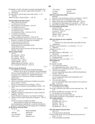 35
El hombre y el niño colocados en posición apropiada, boca                «Y tu carne»         Individualidad
    con boca, ojos con ojos, manos sobre las manos v. 34                 «Y serás»            Certeza
6 Paciencia:                                                             «Limpio»             Recuperación
Se paseó por la casa de aquí y para allá, esperó v. 35               286 Cinco pasos hacia abajo
7 Victoria:                                                             Naamán:
«Abrió sus ojos», «Toma tu hijo» v. 35, 36                           1 Escuchó a una muchacha, esclava y extranjera 2 R 5.4
                                                             HYP.
                                                                     2 Pidió un favor de un enemigo vencido 2 R 5.6
282 El problema del niño muerto                                      3 Esperó fuera de la casa humilde del profeta 2 R 5.9
   (Para obreros de jóvenes)                                         4 Se despojó de toda insignia de su posición 2 R 5.13
1 EL VARÓN QUE DIOS USÓ:                                             5 Descendió al Jordán, y se zambulló siete veces 2 R 5.14
   Eliseo: Jehová es mi Salvador 2 R 4.27                            287 Dos hombres destacados
2 LA MANERA QUE SIGUIÓ:                                                   NAAMÁN EL SIRIO
   su compasión por el afligido                                           «Yo decía para mí» 2 R 5.11
   su interés por otros                                                   «Conozco» 2 R 5.15
   su confianza en Dios 2 R 4.26, 27, 33                                  PABLO EL APÓSTOL
3 EL MÉTODO QUE EMPLEÓ:                                                   «Había creído» Hch 26.9
   Se acostó sobre el muchacho                                            «Yo sé» 2 Ti 1.12
   Toque y adaptación personal 2 R 4.34, 35                                                                                D. W-E-.
Ningún maestro puede esperar éxito si no es capaz de                 288 Una historia de cinco capítulos
   ponerse a sí mismo en el lugar de su alumno.                           2 R 6.1–7
4 EL MILAGRO QUE DIOS REALIZÓ:                                                Cuadro de la vida comunitaria del pueblo de Dios
   el niño estornudó siete veces                                     1 Ampliación:
   (Señal para los que esperaban fuera)                              «El lugar en que moramos[…] es estrecho» vv. 1, 2
   el niño abrió los ojos                                            2 Estímulo:
   (Señal para el siervo del varón de Dios que estaba                «Andad» y «yo iré» v. 3
   dentro) 2 R 4.35                                                  3 Empleo:
283 La criada modelo                                                 Cortando madera y edificando v. 4
   2 R 5.2                                                           4 Bochorno:
   Era pequeña 2 R 5.2                                               «¡Ah, señor mío, era prestada!» v. 5
   Era cautiva 2 R 5.2                                               5 Fortalecimiento:
   Era israelita 2 R 5.2                                             «Él extendió la mano, y lo tomó» v. 7
   Confesó a Dios 2 R 5.3                                            289 Ampliación
   Tenía simpatía 2 R 5.3                                                 2 R 6.2
   Habló respecto del profeta 2 R 5.3                                El creyente necesita
   Fue el medio de salvación 2 R 5.15                                1 UN CORAZÓN MÁS AMPLIO:
                                                           JS. FS.
                                                                          con capacidad mayor para Sal 119.32;
284 Los errores de Naamán                                                 responder a los reclamos de Cristo 2 Co 6.13
    En la Biblia hay dos personajes llamados Naamán:                 2 UNA BOCA MÁS AMPLIA:
        Primero en Gn 46.21 un israelita, hijo de Benjamín;               con una capacidad mayor para recibir las bendiciones
    sólo un versículo habla de él. El otro, en 2 R 5 y Lc 4.27            de Dios Sal 81.10
    un gentil, sirio y leproso. Un capítulo del Antiguo              3 UNA MORADA MÁS AMPLIA:
    Testamento y un versículo en el Nuevo Testamento                      con una capacidad mayor para regocijarse en el
    hablan de él.                                                         Señor Is 54.2, 3
    Naamán el leproso:                                               4 UNA COSTA MÁS AMPLIA:
1 Buscó a la persona errada para el trabajo que quería                    con una capacidad mayor para refrescar a los santos de
    que se hiciera 2 R 5.6                                                Dios 1 Cr 4.10
    RAZÓN: no prestó atención al mensaje 2 R 5.3
                                                                     290 Oraciones por los ciegos
2 Esperó que se realizara el procedimiento errado 2 R                1 Las de Eliseo por su criado
    5.10                                                             «Te ruego, oh Jehová, que abras sus ojos para que vea» 2 R
    RAZÓN: vino con sus propias ideas preconcebidas, «yo
                                                                          6.17
    pensaba» 2 R 5.11                                                La oración de Pablo por los santos Ef 1.18
3 Albergó el prejuicio equivocado en cuanto al plan de               2 Las de Eliseo por sus enemigos
    limpieza 2 R 5.12                                                «Jehová, abre los ojos de estos» 2 R 6.20
    RAZÓN: Prejuicios naturales y nacionales le influían
                                                                     Las de Pablo al predicar a los pecadores Hch 26.18
4 Estimó el precio equivocado para su limpieza 2 R 5.5,              291 Cuatro leprosos
    15, 16                                                                Consulta 2 R 7.3
    RAZÓN: no conocía «la dádiva de Dios»
                                                                          Consideración 2 R 7.4
        (Diez talentos de plata, seis mil piezas de oro                   Decisión 2 R 7.5
    aproximadamente equivalente a cuarenta mil dólares,                   Salvación 2 R 7.8
    pero no lo suficiente como para pagar por su limpieza)                Proclamación 2 R 7.9
[p 48] 285 La receta de Eliseo                                                                                                H.K.D.
    2 R 5.10                                                         292 «No estamos haciendo bien»
        1 «Vé»               Responsabilidad                              2 R 7.3–9
    «Lávate»                 Aplicación                              1 Una intervención destacada
    «En el Jordán»           Localidad                               El Señor había hecho que los ejércitos de Siria oyeran un
    «Siete veces»            Muchas veces                                 ruido vv. 5, 6
                                                                     2 Una inactividad reprensible
 