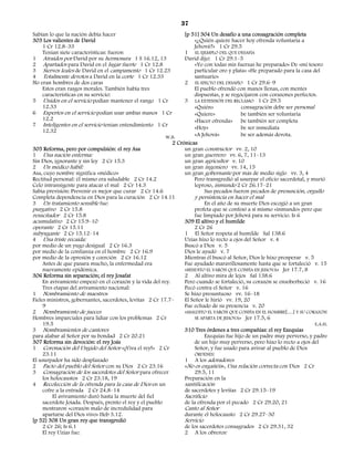 37
Sabían lo que la nación debía hacer                              [p 51] 304 Un desafío a una consagración completa
303 Los valientes de David                                            «¿Quién quiere hacer hoy ofrenda voluntaria a
     1 Cr 12.8–33                                                     Jehová?» 1 Cr 29.5
     Tenían siete características: fueron                        1 EL EJEMPLO DEL QUE DESAFÍA
1 Atraídos por David por su hermosura 1 S 16.12, 13              David dijo: 1 Cr 29.1–5
2 Apartados para David en el lugar fuerte 1 Cr 12.8                   «Yo con todas mis fuerzas he preparado» De «mi tesoro
3 Siervos leales de David en el campamento 1 Cr 12.23                 particular oro y plata» «He preparado para la casa del
4 Totalmente devotos a David en la corte 1 Cr 12.33                   santuario»
No eran hombres de dos caras                                     2 EL EFECTO DEL DESAFÍO 1 Cr 29.6–9
     Estos eran rasgos morales. También había tres                    El pueblo ofrendó con manos llenas, con mentes
     características en su servicio:                                  dispuestas, y se regocijaron con corazones perfectos.
5 Unidos en el servicio podían mantener el rango 1 Cr            3 LA EXTENSIÓN DEL RECLAMO 1 Cr 29.5
     12.33                                                            «Quién»              consagración debe ser personal
6 Expertos en el servicio podían usar ambas manos 1 Cr                «Quiere»             be también ser voluntaria
     12.2                                                             «Hacer ofrenda» be también ser completa
7 Inteligentes en el servicio tenían entendimiento 1 Cr               «Hoy»                be ser inmediata
     12.32
                                                          W.B.
                                                                      «A Jehová»           be ser además devota.
                                                            2 Crónicas
305 Reforma, pero por compulsión: el rey Asa                     un gran constructor vv. 2, 10
1 Una nación enferma:                                            un gran guerrero vv. 6, 7, 11–13
Sin Dios, ignorante y sin ley 2 Cr 15.3                          un gran agricultor v. 10
2 Un médico hábil:                                               un gran ingeniero vv. 14, 15
Asa, cuyo nombre significa «médico»                              un gran gobernante por más de medio siglo vv. 3, 4
Rectitud personal: él mismo era saludable 2 Cr 14.2                   Pero transgredió al usurpar el oficio sacerdotal, y murió
Celo intransigente para atacar el mal 2 Cr 14.3                       leproso, inmundo 2 Cr 26.17–21
Sabia previsión: Prevenir es mejor que curar 2 Cr 14.6                     Sus pecados fueron pecados de presunción, orgullo
Completa dependencia en Dios para la curación 2 Cr 14.11              y persistencia en hacer el mal
3 Un tratamiento sensible fue:                                             En el año de su muerte Dios escogió a un gran
purgativo 2 Cr 15.8                                                   profeta que se confesó a sí mismo «inmundo» pero que
resucitador 2 Cr 15.8                                                 fue limpiado por Jehová para su servicio. Is 6
acumulativo 2 Cr 15.9–10                                         309 El altivo y el humilde
operante 2 Cr 15.11                                                   2 Cr 26
subyugante 2 Cr 15.12–14                                         1 El Señor respeta al humilde Sal 138.6
4 Una triste recaída:                                            Uzías hizo lo recto a ojos del Señor v. 4
por medio de un yugo desigual 2 Cr 16.3                          Buscó a Dios v. 5
por medio de la confianza en el hombre 2 Cr 16.9                 Dios le ayudó v. 7
por medio de la opresión y coerción 2 Cr 16.12                   Mientras él buscó al Señor, Dios le hizo prosperar v. 5
     Antes de que pasara mucho, la enfermedad era                Fue ayudado maravillosamente hasta que se fortaleció v. 15
     nuevamente epidémica.                                       «BENDITO EL VARÓN QUE CONFÍA EN JEHOVÁ» Jer 17.7, 8
306 Reforma sin separación; el rey Josafat                       2 Al altivo mira de lejos Sal 138.6
     En avivamiento empezó en el corazón y la vida del rey.      Pero cuando se fortaleció, su corazón se ensoberbeció v. 16
     Tres etapas del avivamiento nacional:                       Pecó contra el Señor v. 16
1 Nombramiento de maestros                                       Se hizo presuntuoso vv. 16–18
Fieles ministros, gobernantes, sacerdotes, levitas 2 Cr 17.7–    El Señor le hirió vv. 19, 20
     9                                                           Fue echado de su presencia v. 20
2 Nombramiento de jueces                                         «MALDITO EL VARÓN QUE CONFÍA EN EL HOMBRE[…] Y SU CORAZÓN
Hombres imparciales para lidiar con los problemas 2 Cr                SE APARTA DE JEHOVÁ» Jer 17.5, 6
     19.5                                                                                                                  E.A.H.
3 Nombramientos de cantores                                      310 Tres órdenes a tres compañías: el rey Ezequías
para alabar al Señor por su bondad 2 Cr 20.21                              Ezequías fue hijo de un padre muy perverso, y padre
307 Reforma sin devoción: el rey Joás                                 de un hijo muy perverso, pero hizo lo recto a ojos del
1 Coronación del Ungido del Señor «¡Viva el rey!» 2 Cr                Señor, y fue usado para avivar al pueblo de Dios
     23.11                                                            ÓRDENES:
El usurpador ha sido desplazado                                  1 A los adoradores
2 Pacto del pueblo del Señor con su Dios 2 Cr 23.16              «No os engañéis», Una relación correcta con Dios 2 Cr
3 Consagración de los sacerdotes del Señor para ofrecer               29.5, 11
     los holocaustos 2 Cr 23.18, 19                              Preparación en la
4 Recolección de la ofrenda para la casa de Dios en un           santificación
     cofre a la entrada 2 Cr 24.8–14                             de sacerdotes y levitas 2 Cr 29.15–19
          El avivamiento duró hasta la muerte del fiel           Sacrificio
     sacerdote Joiada. Después, pronto el rey y el pueblo        de la ofrenda por el pecado 2 Cr 29.20, 21
     mostraron «corazón malo de incredulidad para                Canto al Señor
     apartarse del Dios vivo» Heb 3.12.                          durante el holocausto 2 Cr 29.27–30
[p 52] 308 Un gran rey que transgredió                           Servicio
     2 Cr 26; Is 6.1                                             de los sacerdotes consagrados 2 Cr 29.31, 32
     El rey Uzías fue:                                           2 A los obreros:
 