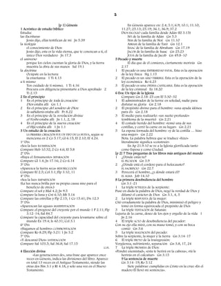 5

                               [p 1] Génesis                                  En Génesis aparece en: 2.4; 5.1; 6.9; 10.1; 11.10;
1 Acróstico de estudio bíblico                                           11.27; 25.13; 25.19; 36.1; 36.9; 37.2
Estudia:                                                                 DIOS ESCOGIÓ cada familia desde Adán (Ef 3.15)
las Escrituras                                                                SET de la familia de Adán Gn 5.3
     Jesús dijo, ellas testifican de mí Jn 5.39                               SEM de la familia de Noé Gn 11.10
la teología                                                                   ABRAM de la familia de Taré Gn 12.1
     el conocimiento de Dios:                                                 ISAAC de la familia de Abraham Gn 17.19
     Jesús dijo, esta es la vida eterna, que te conozcan a ti, el             JACOB de la familia de Isaac Gn 25.23
     único Dios verdadero Jn 17.3                                             JUDÁ de la familia de Jacob Gn 49.8–10
el universo                                                          5 Pecado y muerte
     porque los cielos cuentan la gloria de Dios, y la tierra                 El día que de él comieres, ciertamente morirás Gn
     muestra la obra de sus manos Sal 19.1                               2.17
la doctrina                                                          1 El pecado es una ENFERMEDAD FATAL. Esta es la operación
     Ocúpate en la lectura:                                              de la ley física Stg 1.15
     la enseñanza 1 Ti 4.13                                          2 El pecado es un AMO TERRIBLE. Esta es la operación de la
a ti mismo                                                               ley económica Ro 6.23
     Ten cuidado de ti mismo; 1 Ti 4.16                              3 El pecado es una OFENSA CASTIGABLE. Esta es la operación
     Procura con diligencia presentarte a Dios aprobado 2                de la ley criminal Ez 18.20
     Ti 2.15                                                         6 Eva: Un tipo de la Iglesia
2 En el principio                                                        Compare Gn 2.18–25 con Ef 5.30–32
1 En el principio de toda la creación:                               1 El administrador de la tierra: en soledad, nadie para
     Dios estaba allí Gn 1.1                                             disfutar su gloria Gn 2.18
2 En el principio del sendero de Dios:                               2 El propósito divino para el hombre: «una ayuda idónea
     la sabiduría estaba allí Pr 8.22                                    para él» Gn 2.18
3 En el principio de la revelación divina:                           3 El medio para realizarlo: «un sueño profundo»
     el Verbo estaba allí Jn 1.1, 2, 18                                  (emblema de la muerte) Gn 2.21
4 En el principio de la nueva creación:                              4 El costado herido del hombre: «tomó una de sus
     el Hijo estaba allí 1 Jn 1.1                                        costillas, y cerró la carne en su lugar» Gn 2.21
3 Un estudio de la creación                                          5 La esposa formada del hombre: «y de la costilla … hizo
     LA PRIMERA CREACIÓN FUE UN TIPO DE LA NUEVA, según se               una mujer» Gn 2.22
     menciona en 2 Co 5.17; Gl 6.15; Ef 2.10; Ef 4.24.                   Nota. La palabra hebrea que se traduce «hizo»
1º DÍA                                                                   literalmente significa «construir»
«Sea la luz» ILUMINACIÓN                                                      En Ap 21.9.10 se ve a la Iglesia glorificada tanto
Compare Heb 10.32; 2 Co 4.6; Ef 5.8                                      como Esposa y como Ciudad.
2º DÍA                                                               [p 2] 7 Tres preguntas de los libros más antiguos del mundo
«Haya el firmamento» SEPARACIÓN                                      1 ¿Dónde estás tu?
Compare Gl 1.4; Jn 17.16; 2 Co 6.14                                      EL PECADOR Gn 3.9
3º DÍA                                                               2 ¿Dónde está el cordero para el holocausto?
«Aparezca la tierra seca» RESURECCCIÓN                                   EL SACRIFICIO Gn 22.7
Compare Ef 2.5; Col 3.1; Flp 3.10, 11                                3 Perecerá el hombre, ¿y dónde estará él?
4º DÍA                                                                   EL ALMA Job 14.10
«Sea la luz» IMPARTICIÓN                                             8 La primera desobediencia del hombre
(La luz nunca brilla por su propia causa sino para el                    Gn 3.1–21
     beneficio de otros.)                                            1 La triple SUTILEZA de la serpiente:
Compare el sol y Mal 4.2; Jn 9.5                                     Puso en duda la palabra de Dios, negó la verdad de Dios y
Compare la luna y Cnt 6.10; Mt 5.14                                      difamó el carácter de Dios Gn 3.1, 4, 5
Compare las estrellas y Flp 2.15; 1 Co 15.41; Dn 12.3                2 La triple RESPUESTA de la mujer:
5º DÍA                                                               Citó erradamente la palabra de Dios, minimizó el peligro y
«Aparezcan las aguas» MANIFESTACIÓN                                      tomó en forma equivocada el propósito de Dios
Compare el progreso del creyente por el mundo 1 P 2.11; Flp          3 La triple TENTACIÓN de Satanás:
     3.12–14; Sal 84.7                                               Lujuria de la carne, deseo de los ojos y orgullo de la vida 1
Compare la capacidad del creyente para levantarse sobre el               Jn 2.16
     mundo Éx 19.4; Is 40.31; Col 3.1                                4 El triple ACTO de desobediencia del pecador:
6º DÍA                                                               Con su ojo ella miró, con su mano tomó, y con su boca
«Hagamos al hombre» CONFRONTACIÓN                                        comió Gn 3.6
Compare Ro 8.29; Flp 3.21: 1 Jn 3.2                                  5 La triple MALDICIÓN del pecado:
7º DÍA                                                               Sobre la serpiente, la mujer y la tierra Gn 3.14–17
«Y descansó Dios» SATISFACCIÓN                                       6 El triple FRUTO de la transgresión:
Compare Sal 103.5; Sal 36.8; Sal 17.15                               Vergüenza, sufrimiento, separación Gn 3.8, 17, 24
                                                              G.H.   7 La triple PROMESA de Dios:
4 Elección divina                                                    «Pondré enemistad», «ésta te herirá en la cabeza», «tú le
          «Las generaciones de», una frase que aparece once              herirás en el calcañar» Gn 3.15
     veces en Génesis, indica las divisiones del libro. Aparece          9 La sentencia de muerte
     en total 13 veces en el Antiguo Testamento, siendo las              Gn 3.14–19; Ro 5.12
     otras dos Nm 3.1 y Rt 4.18, y solo una vez en el Nuevo                   Siete palabras: cumplidas en Cristo en la cruz «En el
     Testamento.                                                         madero Él llevó mi sentencia».
 