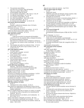 57
1   Una persona maravillosa:                                        «Rey de reyes y Señor de señores» Ap 19.16
    «un niño nos es nacido»: Hijo del Hombre                        490 Un seguro lugar de refugio
    «hijo nos es dado»: Hijo de Dios                                     Is 32.2
    «el principado»: Hijo de David                                  1 Seguro del viento
2 Un nacimiento maravilloso: Mt 1.23; Lc 1.34, 35                        (simbólico del poder de Satanás), porque nuestra «vida
3 Un Maestro maravilloso: Jn 7.45, 46                                    está escondida con Cristo en Dios» Col 3.3
4 Un Consejero maravilloso: Is 9.6                                  2 Protegido de la tormenta
5 Sus obras maravillosas: Hch 2.22; 10.38                                (la tormenta de la ira que se avecina), porque «Jesús[…]
6 Su amor maravilloso: Jn 15.13                                          nos libra de la ira venidera» 1 Ts 1.10; Ro 5.9
7 Su resurrección maravillosa: Lc 24.22–24                          3 Satisfecho con ríos de agua
485 Lucero, hijo de la mañana                                            (en un mundo que es «tierra de sequedad» en donde no
    Is 14.12                                                             se halla ninguna verdadera satisfacción) Jn 7.38
    Orgullo y ambición de Satanás: cinco «Yo haré».                 4 Resguardado bajo la sombra de la gran roca del calor
«Subiré al cielo» Is 14.13                                               (las influencias atormentadoras que nos rodean) Heb
«levantaré mi trono» Is 14.13                                            2.18
    «en el monte del testimonio me sentaré» Is 14.13                491 Tres voces de Isaías 40
«sobre las alturas de las nubes subiré» Is 14.14                    1 La voz del heraldo,
«seré semejante al Altísimo» Is 14.14                                    proclamando preparación para el Hijo de Dios Is 40.3–
486 ¿Qué de la noche?                                                    5
    Is 21.11–12                                                     (Juan el Bautista) Lc 3.4–6
         «¿Qué de la noche?» La pregunta del burlador,              2 La voz del Espíritu, diciendo:
    como en 2 P 3.4. «La mañana viene, y después la noche».              «toda carne es como hierba» y proclamando
    La respuesta dada por el guarda.                                     permanencia de la Palabra de Dios Is 40.6–8; 1 P 1.25
    TRES ETAPAS EN LA HISTORIA Y EN LA EXPERIENCIA INDIVIDUAL       3 La voz del evangelista,
1   Un atardecer sin vítores: Cristo crucificado Lc 23.33; 2             levantada fuertemente: Poder del evangelio de Dios Is
    Co 4.4                                                               40.9–11
2   Una mañana sin nubes: La venida de Cristo 2 S 23.4              «Anunciadora de Jerusalén»
3   Una noche sin fin: para el que rechaza a Cristo Jn              492 «¡Ved aquí al Dios vuestro!»
     13.30; 2 P 2.17                                                     Is 40.9
487 Cosas seguras en Isaías                                         «¡He aquí vuestro Rey!»
1 Un lugar seguro:                                                       les dijo Pilato a los judíos
     Cristo nuestro respaldo Is 22.23                               Evangelio de Mateo Jn 19.14
2 Un cimiento seguro:                                               «He aquí mi siervo»
     Cristo nuestra roca Is 28.16                                        dijo Dios al mundo
3 Un refugio seguro:                                                Evangelio de Marcos Is 42.1
     Cristo nuestra defensa Is 22.17                                «¡He aquí el hombre!»
4 Una provisión segura:                                                  le dijo Pilato a la muchedumbre
     Cristo nuestra vida Is 33.16                                   Evangelio de Lucas Jn 19.5
5 Un recurso seguro:                                                «¡Ved aquí al Dios vuestro!»
     Cristo nuestra confianza Is 55.4                                    dijo (dice) el evangelista a todos los hombres
[p 82] 488 Cosas maravillosas                                       Evangelio de Juan Is 40.9
     «Jehová[…] has hecho maravillas» Is 25.1                            Él tiene:
     COSAS MARAVILLOSAS EN EL PASADO: Jehová ha sido                LA TERNURA DEL BUEN PASTOR Is 40.11
Fortaleza para el pobre y el necesitado Is 25.4                     LA OMNIPOTENCIA DEL GRAN CREADOR Is 40.12
Refugio de la tormenta Is 25.4                                      LA SABIDURÍA DEL MARAVILLOSO CONSEJERO Is 40.13, 14
Sombra contra el calor Is 25.4                                      LA MAJESTAD DEL PODEROSO MANDATARIO Is 40.15
Ha hecho un «banquete de manjares suculentos» Is 25.6               493 Esperar en el Señor
COSAS MARAVILLOSAS PROMETIDAS: Jehová quitará:                           Is 40.31
Las lágrimas de todos los rostros Is 25.8                                Cómo esperar en el Señor
La afrenta de su pueblo Is 25.8                                     En silencio para disfrutar la comunión Sal 62.1
Jehová traerá salvación a su pueblo que espera                      Con paciencia para hacer la petición Sal 40.1
Regocijo a su pueblo salvado Is 25.9                                Con atención para oír la instrucción Pr 8.33, 34
489 Otros señores: Un Señor                                         Con expectación para hallar protección Is 33.2
     Is 26.13                                                       Con obediencia para recibir dirección Sal 25.5
1 Dominio de los «otros señores» Is 26.13                           [p 83] 494 Fuerza renovada
Para Israel: Los emperadores de Babilonia, Persia, Grecia,               «Los que esperan a Jehová tendrán nuevas fuerzas» Is
     Roma y los gobernantes de las naciones entre los cuales             40.31
     estaban esparcidos                                             1 La fuente de la cual derivan estas fuerzas: «El Dios
Para el cristiano: El pecado, la lujuria, la codicia, el orgullo,        eterno es Jehová, el cual creó los confines de la
     la envidia, etc. Pero «el pecado no se enseñoreará de               tierra» Is 40.28
     vosotros» Ro 6.14                                              2 El secreto de quienes desean estas fuerzas: «Esperan a
2 Reconocimiento de «un Señor», «en ti solamente» Is                     Jehová» Is 40.31
     26.13; Zac 14.11                                               3 Las esferas en las cuales muestran estas fuerzas:
«Jesús como Señor» confesado con la boca Ro 10.9                    En la atmósfera del cielo: «levantarán» Ef 2.6
«Cristo como Señor» santificado en el corazón 1 P 3.15              En la arena de la fe: «correrán» Heb 12.1, 2
3 La venida del Señor universal, «Tu nombre» «Señor de              En las avenidas de la vida diaria: «caminarán» Ef 4.1
     todos» Hch 10.36                                                    De este modo nosotros:
 