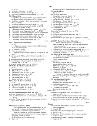 61
     Jer 18.1–4                                                             El nuevo pacto de Dios será un pacto eterno, Jer 32.40
1 Hecho por el Creador Jer 18.4                                       529 Jehová-sidkenú
2 Echado a perder por el pecado Jer 18.4                                    Jer 33.16
3 Hecho nuevamente en la regeneración Jer 18.4                        «Jehová, justicia nuestra»:
524 Falsos profetas                                                   1 En perdón y limpieza Jer 33.4–8
     Los profetas que están en contra de Jehová y en contra           2 En paz y justicia Jer 33.4–7
     de quienes Jehová habla (Jer 23.25–32) porque:                   3 En prosperidad y prestigio Jer 33.9–10
1 profetizan mentiras y dicen que su mensaje procede de               4 En alabanza y alegría Jer 33.11
     Dios Jer 23.26                                                   5 En desempeño y cumplimiento Jer 33.14
2 estimulan la vida disoluta en el pueblo Jer 23.32                   6 En principado y rectitud Jer 33.15, 16
3 se caracterizan por su superficialidad Jer 23.32                    7 En sacerdocio y sacrificio Jer 33.17, 18
525 Figuras de la Palabra de Dios                                     530 Abundancia de paz
1 Comparada con un martillo: para romper Jer 23.29                    1 Su revelación:
2 Comparada con el fuego: para fundir Jer 23.29                       «les revelaré abundancia de paz» Jer 33.6
3 Comparada con una lámpara: para brillar Sal 119.105                 2 Su júbilo:
4 Comparada con una espada: para herir Heb 4.12                       «Se recrearán con abundancia de paz» Sal 37.11
5 Comparada con un espejo: para revelar Stg 1.23                      3 Su duración:
6 Comparada con alimento: para sustentar 1 P 2.2                      «Muchedumbre de paz, hasta que no haya luna» Sal 72.7
7 Comparada al agua: para limpiar Sal 119.9                                                                                          T.B.
                                                           JS. FS.    [p 89] 531 Baruc, el secretario de Jeremías
526 La restauración de una nación                                                Baruc: significa «bendito» y exhibió las
     Jer 30                                                                 características de la persona a quien se describe en las
          «Esperanza radiante cae como la luz del sol en días               «bienaventuranzas».
     de las tétrica oscuridad».                                       1 Empleo de un varón de Dios dedicado Jer 36.4, 5
1 La venida del Mesías                                                2 Estímulo a un ministro de Dios desanimado Jer 45.2–5
2 Israel se une de nuevo                                              3 Nombramiento de un mensajero de Dios digno de
3 La restauración de la tierra después de la dispersión Jer                 confianza Jer 32.12, 13
     30.1–3                                                           532 El libro de las Palabras del Señor
de un rey después del día de las tribulaciones de Jacob Jer                      El «libro» era un rollo en los días de Jeremías, no un
     30.4–9                                                                 volumen encuadernado.
de la salud espiritual después de las heridas Jer 30.10–17            1 La hechura del libro:
de Jerusalén y sus palacios después de que fueron                     los agentes:
     hollados Jer 30.18, 19                                                 un orador, Jeremías Jer 36.2
de Israel, la nación, hacia Dios Jer 30.20–24                               un escribiente, Baruc Jer 36.4
527 El Dios de todas las familias de Israel                                 Materiales, papel y tinta Jer 36.18
     Jer 31                                                                 Lectores Jer 36.15
1 El amante eterno vv. 1–8                                            2 El mensaje del libro Jer 36.16
2 El buen Pastor vv. 9–14                                             3 La destrucción del libro Jer 36.23
3 El Consolador que no falla vv. 15–17                                4 El milagro del libro Jer 36.32
4 El Padre compasivo vv. 18–25                                                   Franklin D. Roosevelt dijo: «No se puede matar a los
5 El sembrador fiel vv. 27–30                                               libros con fuego; la gente muere pero los libros nunca
6 El Redentor justo vv. 31–37                                               mueren».
7 El gran renovador vv. 38–40                                         533 Las búsquedas del hombre
528 La mano de Dios en la historia                                    1 La búsqueda natural:
     Jer 32                                                                 Grandes cosas para uno mismo Jer 45.5
1 La compra de la esperanza vv. 1–25                                  2 La búsqueda suprema:
2 El gobierno de los gentiles vv. 26–35                                     el reino de Dios y su justicia Mt 6.33
3 El regreso de Israel vv. 36–40                                      3 La búsqueda espiritual:
4 La promesa de hogares vv. 41–44                                           las cosas de arriba Col 3.1
                                                             Lamentaciones
534 Sus compasiones nunca fallan Lm 3.22                              Fue movido a compasión hacia ellos y sanó a los
Jesús tuvo compasión: y les tocó los ojos Mt 20.34                          enfermos Mt 14.14
Jesús, movido a compasión: tocó al leproso y lo limpió Mc             Cuando salió fue movido a compasión hacia ellos, porque
     1.41, 42                                                               eran como ovejas que no tienen pastor Mc 6.34
Jesús dijo: «Tengo compasión de la gente, porque no tienen            Él, lleno de compasión, perdonó su iniquidad Sal 78.38; Lc
     qué comer» Mt 15.32                                                    23.34
                                                                                                                                   E.A.H.
                                                                  Ezequiel
535 Ezequiel: el profeta y el libro                                   El llamamiento del profeta, se presenta con una nota
          Al profeta Ezequiel se le designa alrededor de cien               cronológica Ez 1.1.
     veces con la misma expresión que usa nuestro Señor               2 Caps. 6–24
     para referirse a Sí mismo: «Hijo de hombre».                     Predicciones de calamidades para Judá y Jerusalén
          Observe palabras de frecuente aparición: «¡sabrán           3 Caps. 25–32
     que yo soy Jehová!» VERSÍCULO CLAVE: «para que supiesen          Proclamación de la condenación de las naciones gentiles
     que yo soy Jehová» Ez 20.12                                      4 Caps. 33–39
     DIVISIONES DE LA PROFECÍA DE EZEQUIEL:                           Promesa de purificación y restauración para Israel
1 Caps. 1–5                                                           5 Caps. 40–48
 