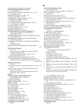 62
Cálculos precisos: El templo y sus medidas                       540 La obra del Espíritu de Dios
[p 90] 536 Preparación para el servicio                          1 En la regeneración:
1 La visión que vio:                                             un nuevo corazón y un nuevo espíritu Ez 36.26, 27
Visiones de Dios y aparición del hombre Ez 1.1, 26               (Vida y purificación) Jn 3.5
2 La voz que se oyó:                                             2 En revivir a
hablándole al profeta Ez 1.28; 2.1–6                             Los huesos secos en un valle Ez 37.1
el pueblo al que debe ir Ez 2.3                                  Los huesos secos en una visión Ez 37.2
el propósito por el cual es enviado Ez 2.7                       Una voz. En la primera expresión: un ruido, tiemblan y se
el poder que lo respaldaba Ez 2.8                                     unen; convicción Ez 37.7
3 El librito que comió:                                          La próxima pronunciación: los huesos secos vivieron,
Oír y prestar atención a la Palabra de Dios Ez 3.1, 2                 regeneración Ez 37.10
4 La víctima que se entregó:                                     3 En renovación:
la víctima atónita Ez 3.15                                       Se pusieron sobre sus pies: estabilidad Ez 37.10
la víctima encadenada Ez 3.23–25                                 Un ejército grande en extremo: actividad y orden
la víctima postrada Ez 4.4                                       541 Las leyes de la casa de Dios
la víctima nauseabunda Ez 4.15                                        Ez 43.12
537 Cuatro figuras en la visión de Ezequiel 1.10                 1 La ley de la autoridad suprema:
     Cuatro seres vivientes con cuatro rostros:                  «el lugar de Su trono» Ez 43.7
1 Un hombre (frente):                                            2 La ley de la santidad divina:
Simpatía, inteligencia: corresponde al Evangelio de Lucas        «El lugar de Su santo nombre» Ez 43.7, 8, 12
2 Un león (derecha):                                             3 La ley del diseño celestial:
Majestad, poder: corresponde al Evangelio de Mateo               «Mide el diseño» Ez 43.10
3 Un buey (izquierda):                                           (Éx 25.9, 40; 1 Cr 28.11, 12, 19; Heb 9.23)
Perseverancia en el servicio: corresponde al Evangelio de        4 La ley del servicio sacerdotal:
     Marcos                                                      debe ser sacerdotal (vestidos de lino) Ez 44.17, 18
4 Un águila (detrás):                                            debe ser puro (calzoncillos de lino)
Agudeza de visión: corresponde al Evangelio de Juan              debe ser paciente (sin prisa, sin sudar)
                                                          HYP.   542 Las aguas del santuario
538 El rollo de Ezequiel                                              Ez 47
     Ez 3.1–17                                                             «El río de Dios, lleno de aguas» Sal 65.9
     fue para él lo que la Biblia debe ser para nosotros.             Los ríos de Dios:
1 Intelectualmente tuvo que                                           en Edén Gn 2.10
     «comerlo»: introducirlo en su cabeza Ez 3.2                      en el desierto Sal 78.15, 16
2 En su experiencia tuvo que                                          en la capital milenial Ez 47.1
«digerirlo»: introducirlo en su corazón Ez 3.10                       en el paraíso de Dios arriba Ap 22.1, 2
3 En la práctica era un atalaya para hacer sonar la              1 Agua hasta los tobillos: «andar en el Espíritu» Gl 5.16;
     alarma: tenía que proclamarlo con sus labios Ez 3.17             Ez 47.3
                                                   The Witness   2 Agua hasta las rodillas: «orar en el Espíritu» Ef 6.18; Ez
539 Estos tres hombres                                                47.4
     Ez 14.14                                                    3 Agua hasta los lomos: servir en el Espíritu Hch. 20.19;
NOÉ: «caminó con Dios», preservado del diluvio Gn 6.9; 1 P            Ez 47.4
     3.20                                                        4 Agua como para nadar: vida llena del Espíritu Ef 5.18;
DANIEL: «creyó en su Dios», librado de las bocas de los               Ez 47.5
     leones Dn 6.22, 23                                               cuando se ve muy poco del yo, se afloja al aferrarse a la
     JOB: «temió a Dios», bendecido después de muchas                 tierra, la vida con un nuevo elemento.
     aflicciones Job 1.1; 42.12
Daniel
[p 91] 543 Daniel, el gran hombre amado                          1 Tres cualidades que exige el rey:
     Daniel significa «Dios es mi juez»                          Nacimiento: «del linaje real» Dn 1.3
1 Sus tres nombres:                                              Belleza: «de buen parecer» Dn 1.4
Nombre hebreo: Daniel;                                           Cerebro: «sabios en ciencia y de buen entendimiento» Dn
Nombre caldeo: Beltsasar Dn 1.6, 7                                    1.4
Nombre celestial:                                                2 Tres propósitos que obran:
Varón muy amado Dn 9.23; 10.11, 19                               El divino propósito: «se presentasen delante» Dn 1.5
2 Sus tres esferas:                                              El propósito diabólico:
En la vida privada:                                              que se contaminaran Dn 1
Firme en propósito Dn 1.8                                        por medio de sus mentes Dn 1.4
En la vida pública:                                              por medio de sus bocas Dn 1.5
Sin falta en la práctica Dn 6.4                                  por medio de sus modales Dn 1.10
En la vida de oración:                                           El propósito de Daniel: mantenerse puro Dn 1.8
Ferviente en la oración Dn 9.3                                   3 Tres rasgos en el carácter de Daniel:
3 Sus tres cualidades destacadas:                                su convicción: no contaminarse Dn 1.8
su fidelidad como santo Dn 1                                     su valentía: «pidió al jefe de los eunucos» Dn 1.8
su intrepidez como sabio Dn 2; 4; 5                              su cortesía: «haz la prueba»,
su integridad como gobernante Dn 6                               «haz después con tus siervos según veas» Dn 1.12, 13
544 Atrévase a ser un Daniel                                     545 El Dios de Daniel
     Dn 1.8                                                           Dn 2.28
 