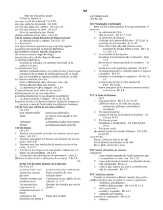 63
        «Hay un Dios en los cielos»                                        la providencia de
    El Dios de Daniel es:                                                  Dios (v. 28)
uno que revela Su voluntad Dn 2.28
uno que gobierna Su mundo Dn 2.28                                          550 Principados y potestades
un Dios que paga: Sus castigos Dn 5.23–26                                      Estas son las cuatro grandes leyes que gobiernan el
un Dios que rescata: Su obra Dn 6.22                                       universo:
    No es de asombrarse que Daniel                                             1 La soberanía de Dios:
«había confiando en Su Dios» Dn 6.23                                               «Rey de reyes» Dn 2.37; 4.25
546 La estatua colosal del sueño de Nabucodonosor                              2 La oposición de Satanás:
1 La descripción de la estatua Dn 2.31–35                                          «Príncipe de la potestad del aire» Ef 2.2; 6.11
SU FORMA FÍSICA:                                                                   «príncipe de este mundo» Jn 14.30
una figura humana gigantesca que inspiraba espanto                                 Viene ante el Juez de toda la tierra como
La cabeza representaba al Imperio Babilónico                                            acusador de los que temen a Dios Job 1.6;
Los hombros y brazos: Imperio Medopersa                                                 2.1; Zac 3.1
Su vientre y muslos: Imperio Griego                                            3 La actividad de los ángeles:
Las piernas, pies y dedos: Imperio Romano                                          ministran a los herederos de la salvación Heb
SU SECUENCIA PROFÉTICA:                                                                 1.14
     Sucesión de reinados con dominio universal: de la                             disciernen el estado moral de los hombres Dn
     cabeza a los pies                                                                  4.13
SU ESPLENDOR EXCELSO:                                                              forma una corte legislativa celestial Dn 4.17
     Metales resplandecientes, oro, plata, bronce y hierro que                 4 El antagonismo de los espíritus malos en lugares
     aturdieron los sentidos de Nabucodonosor de tal modo                          celestiales: Ef 6.12
     que no recordaba ni siquiera detalles confusos de ella.                       estorban a los mensajeros angélicos Dn 10.12,
SUS TAMAÑOS PROPORCIONADOS:                                                             13
     Cabeza (Babilonia): duró el tiempo más corto                                  se unen para oponerse a los ángeles de
     Piernas (Roma): duró más tiempo                                                    Dios Dn 10.20
2 La deterioración de la imagen Dn 2.39                                            tienen una parte en los asuntos internacionales
Comercialmente, en el valor de sus metales                                              en la tierra Dn 4.8
Químicamente, en su peso específico
Constitucionalmente, en la calidad de su gobierno                          551 La fiesta de Belsasar
3 La destrucción de la imagen Dn 2.34, 35, 44                                       Dn 5
La piedra (Cristo y su Reino venidero): Golpeó la imagen en                     1 Una gran fiesta: Dn 5.1; Jer 51.39
     sus pies y causó el fin de todos los gobiernos humanos.                        (Millones están en la fiesta del pecado,
547 El reino que el Dios de los cielos establece                                         monarcas y plebeyos, potentados y
     Dn 2.44                                                                             mendigos)
     Será indestructible:      «jamás será destruido»                           2 Un miedo pavoroso:
     Final:                    «ni será el reino dejado a otro                      cuando el rey vio la escritura en la pared Dn
                               pueblo»                                                   5.6; Jer 50.43
                                                                                3 Un fracaso grave:
     Universal:                «consumirá a todos estos reinos»                     humillarse y arrepentirse Dn 5.22, 23; Jer
     Eterno:                   «permanecerá para siempre»                                50.31
548 Sin manos                                                                   4 Una gran caída:
     Dn 2.45                                                                    «La misma noche fue muerto Belsasar» Dn 5.30;
1 Nuestra circuncisión es hecha «sin manos»: no así para                            Jer 50.32
     Israel Col 2.11                                                       LA ESCRITURA:
2 Nuestros santuarios son hechos «sin manos»: no así con                        Mene: Contó, los días de la vida
     Israel Heb 9.24                                                            Tekel: Pesado, las maneras de la vida
3 Tenemos una casa «no hecha de manos» eterna en los                            Peres: Roto, el hilo de la vida
     cielos 2 Co 5.1
4 A Cristo se le compara con una piedra cortada «no con                    552 Daniel, el hombre de oración
     mano» de una montaña Dn 2.45                                          Daniel oró:
5 El anticristo será destrozado «no por mano» Dn 8.25                         1 como súbdito humilde de Nabucodonosor: por
(El Señor lo destruirá con el Espíritu de su boca) 2 Ts 2.8                        la compulsión de una crisis Dn 2.18
                                                               T.B.           2 como gobernante honrado: la costumbre de una
     [p 92] 549 El horno ardiente de la aflicción                                  vida consagrada Dn 6.10
     Dn 3.24, 25                                                              3 como el que suplica al cielo: le constriñe una
    LO QUE EL FUEGO HACE       LO QUE EL FUEGO NO PUEDE HACER                      vida de comunión Dn 9.3
    Quema las cuerdas          Daño al pueblo de Dios:
    que atan                   «ningún daño»                               553 Daniel en oración
                                                                               Cuando se menciona a Daniel orando, hay cuatro
    Permite mostrar una        Chamuscar ni un cabello de sus
                                                                           palabras hebreas que se traducen «orar» y significan:
    conducta recta             cabezas (v. 27)
                                                                               1 «Postrarse, arrodillarse»:
    Da una preciosa            Quemar los vestidos que usa Su                      «oraba y daba gracias» Dn 6.10; Ef 3.14
    experiencia de             pueblo                                          2 «hacer petición»:
    compañerismo con el                                                            «orando y rogando» Dn 6.11
    Señor                                                                      3 «juzgarse uno mismo»:
    Convence a los             Dejar olor en ellos                             «orando, y confesando» Dn 9.20
    opositores del poder y                                                     4 «alabar»:
 