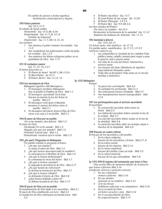 69
        El cambio de ayunos a fiestas significa:                     4 El Pastor Sacrificio Zac 13.7
             iluminación, emancipación y alegría.                    5 El Gran Pastor de las ovejas He. 13.20
                                                                     6 El Pastor Principal 1 P 5.4
590 Falsos pastores                                                  7 El Pastor Rey Zac 9.9; Mt 2.6
        Zac 10.3, 11.5                                           Los dos cayados del Pastor:
El rebaño de Israel estaba:                                          «Tu vara y tu cayado» Sal 23.4
     Desnutrido Zac 10.3; Mc 6.34                                    Hermosura: la hermosura de la santidad Zac 11.10
     Desprotegido Zac 11.7; Jn 10.12                                 Ataduras las ataduras de Armonía Zac 11.14
        (rebaño de matanza)
     Desprovisto Zac 11.7; Mt 14.15, 16                          592 Santidad a Jehová
Las razones:                                                             Zac 14.9, 20, 21
     1 Sus dueños, el poder romano: los mataba Zac               Un Señor santo: «me santifico» Jn 17.19
        11.5                                                     Un pueblo santo: «santifícalos» Jn 17.17; 1 P 2.9
     2 Sus vendedores, los gobernantes civiles de Judá:          SANTIDAD A JEHOVÁ en:
        los vendían Zac 11.5                                         1 las campanillas (o riendas) de los caballos: Vida
     3 Sus pastores, los líderes religiosos judíos: no se                pública santa; caballo: animal para viajar y para
        apiadaban de ellos Zac 11.5                                      la guerra; vida y guerra santa
                                                                     2 Las ollas de la casa del Señor: Adoración y
591 El verdadero pastor                                                  servicio santo
        Zac 11.12–14; 13.7                                           3 Los tazones del altar: Ministerio de aquellos
El Señor Jesucristo es:                                                  especialmente llamados: santo
     1 El Pastor de Israel Sal 80.1; Mt 15.24                        4 Toda olla en Jerusalén: Vida santa en el círculo
     2 El Buen Pastor Jn 10.11                                           familiar y doméstico
     3 El Pastor Siervo Zac 11.12–14
                                                   [p 102] Malaquías
593 Los mensajeros de Dios                                     Porque:
    Malaquías significa «Mi Mensajero».                             1 Su pacto fue corrompido Mal 2.8
    1 El mensajero profético Malaquías:                             2 Su santidad fue profanada Mal 2.11
         trae al pueblo la Palabra de Dios Mal 1.1                  3 Sus ordenanzas fueron olvidadas Mal 3.7
    2 El mensajero sacerdotal: los levitas                          4 Sus mandamientos fueron transgredidos Mal
         fracasa al enseñar la ley del Señor al                         3.14
              pueblo Mal 2.7
    3 El mensajero real: Juan el Bautista                      597 Los prerrequisitos para el servicio sacerdotal
         prepara el camino del Señor entre el                  El sacerdote:
              pueblo Mal 3.1                                        1 El corazón del sacerdote debe temer al
    4 El mensajero del pacto: Jesús el Hijo de Dios                     Señor Mal 2.5
         viene a su casa y a su pueblo Mal 3.1                      2 Los labios del sacerdote deben enseñar la ley de
                                                                        la verdad Mal 2.7
594 El amor de Dios por su pueblo                                   3 Los pies del sacerdote deben andar en la luz de
    «Yo os he amado», dice Jehová Mal 1.2                               la santidad Mal 2.8
El amor de Dios:                                                    4 La meta del sacerdote debe ser siempre alejar a
    Declarado: Yo os he amado Mal 1.2                                   muchos de la iniquidad Mal 2.6
    Negado: ¿En qué nos amaste? Mal 1.2
    Definido: A Jacob amé Mal 1.2                              598 Fracaso en cuatro esferas
    Demostrado: vuestros ojos lo verán Mal 1.5                 El fracaso de los sacerdotes y del pueblo.
                                                                    1 En la esfera religiosa:
595 ¿En qué?: Preguntas en Malaquías                                    fracaso de los sacerdotes y levitas Mal 2.7, 8
    Un pueblo rebelde le pregunta al Señor:                         2 En la esfera social:
    1 ¿En que nos amaste?:                                              fracaso de los esposos Mal 2.14
         se niega el amor de Dios Mal 1.2                           3 En la esfera espiritual:
    2 ¿En qué hemos menospreciado tu nombre?:                           fracaso del pueblo como un todo Mal 3.5
         se menosprecia el Nombre de Dios Mal 1.6                   4 En la esfera material:
    3 ¿En qué te hemos deshonrado?:                                     fracaso de los que ofrendaban Mal 3.8
         se contamina la mesa del Señor Mal 1.7
    4 ¿En qué te hemos cansado?:                               [p 103] 599 El registro del remanente que teme a Dios
         se degrada la providencia de Dios Mal 2.17                 «Fue escrito libro de memoria delante de él para los
    5 ¿En qué hemos de volvernos?:                             que temen a Jehová» Mal 3.16
         se declina la invitación de Dios Mal 3.7              Condición correcta y posición correcta.
    6 ¿En qué te hemos robado?:                                     1 En sus corazones:
         se defrauda el tesoro de Dios Mal 3.8                          «temen a Jehová» Mal 3.16
    7 ¿Qué hemos hablado contra ti?:                                2 En sus mentes:
         se difama la justicia de Dios Mal 3.13                         «piensan en su nombre» Mal 3.16
                                                                    3 Con sus bocas:
596 El pacto de Dios con su pueblo                                      «hablaron cada uno a su compañero» Mal 3.16
El mandamiento de Dios dado a los sacerdotes Mal 2.1                4 En la revisión de Dios:
El pacto de Dios establecido con Leví Mal 2.4                           «el Señor escuchó y oyó» Mal 3.16
La maldición de Dios sobrepasa sus bendiciones Mal                  5 En el reconocimiento de Dios:
    2.2                                                                 Su «especial tesoro» Mal 3.17
 