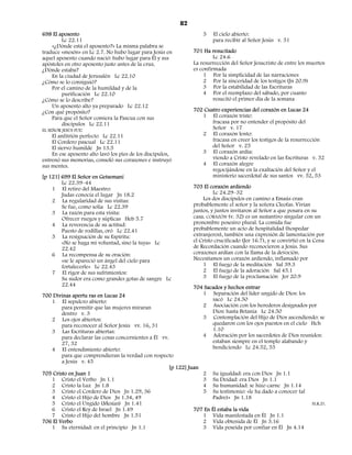 82
698 El aposento                                                       5   El cielo abierto:
          Lc 22.11                                                        para recibir al Señor Jesús v. 51
     «¿Dónde está el aposento?» La misma palabra se
traduce «mesón» en Lc 2.7. No hubo lugar para Jesús en            701 Ha resucitado
aquel aposento cuando nació: hubo lugar para Él y sus                      Lc 24.6
apóstoles en otro aposento justo antes de la cruz.                La resurrección del Señor Jesucristo de entre los muertos
¿Dónde estaba?                                                    es confirmada
     En la ciudad de Jerusalén Lc 22.10                               1 Por la simplicidad de las narraciones
¿Cómo se lo consiguió?                                                2 Por la sinceridad de los testigos (Jn 20.9)
     Por el camino de la humildad y de la                             3 Por la estabilidad de las Escrituras
          purificación Lc 22.10                                       4 Por el reemplazo del sábado, por cuanto
¿Cómo se lo describe?                                                      resucitó el primer día de la semana
     Un aposento alto ya preparado Lc 22.12
¿Con qué propósito?                                               702 Cuatro experiencias del corazón en Lucas 24
     Para que el Señor comiera la Pascua con sus                     1 El corazón triste:
          discípulos Lc 22.11                                            fracasa por no entender el propósito del
EL SEÑOR JESÚS FUE:                                                      Señor v. 17
     El anfitrión perfecto Lc 22.11                                  2 El corazón lento:
     El Cordero pascual Lc 22.11                                         fracasa en creer los testigos de la resurrección
     El siervo humilde Jn 13.5                                           del Señor v. 25
     En ese aposento alto lavó los pies de los discípulos,           3 El corazón ardía:
entrenó sus memorias, consoló sus corazones e instruyó                   viendo a Cristo revelado en las Escrituras v. 32
sus mentes.                                                          4 El corazón alegre
                                                                         regocijándose en la exaltación del Señor y el
[p 121] 699 El Señor en Getsemaní                                        ministerio sacerdotal de sus santos vv. 52, 53
        Lc 22.39–44
    1 El retiro del Maestro:                                      703 El corazón ardiendo
        Judas conocía el lugar Jn 18.2                                     Lc 24.29–32
    2 La regularidad de sus visitas:                                  Los dos discípulos en camino a Emaús eran
        Se fue, como solía Lc 22.39                               probablemente el señor y la señora Cleofas. Vivían
    3 La razón para esta visita:                                  juntos, y juntos invitaron al Señor a que posara en su
        Ofrecer ruegos y súplicas Heb 5.7                         casa. CORAZÓN (v. 32) es un sustantivo singular con un
    4 La reverencia de su actitud:                                pronombre posesivo plural. La comida fue
        Puesto de rodillas, oró Lc 22.41                          probablemente un acto de hospitalidad (hospedar
    5 La resignación de su Espíritu:                              extranjeros), también una expresión de lamentación por
        «No se haga mi voluntad, sino la tuya» Lc                 el Cristo crucificado (Jer 16.7), y se convirtió en la Cena
        22.42                                                     de Recordación cuando reconocieron a Jesús. Sus
    6 La recompensa de su oración:                                corazones ardían con la llama de la devoción.
        «se le apareció un ángel del cielo para                   Necesitamos un corazón ardiendo, inflamado por
        fortalecerle» Lc 22.43                                        1 El fuego de la meditación Sal 39.3
    7 El rigor de sus sufrimientos:                                   2 El fuego de la adoración Sal 45.1
        Su sudor era como grandes gotas de sangre Lc                  3 El fuego de la proclamación Jer 20.9
        22.44                                                     704 Sacados y hechos entrar
700 Divinas apertu ras en Lucas 24                                   1 Separación del líder ungido de Dios: los
   1 El sepulcro abierto:                                                sacó Lc 24.50
        para permitir que las mujeres miraran                        2 Asociación con los herederos designados por
        dentro v. 3                                                      Dios: hasta Betania Lc 24.50
   2 Los ojos abiertos:                                              3 Contemplación del Hijo de Dios ascendiendo: se
        para reconocer al Señor Jesús vv. 16, 31                         quedaron con los ojos puestos en el cielo Hch
   3 Las Escrituras abiertas:                                            1.10
        para declarar las cosas concernientes a Él vv.               4 Adoración por los sacerdotes de Dios reunidos:
        27, 32                                                           estaban siempre en el templo alabando y
   4 El entendimiento abierto:                                           bendiciendo Lc 24.52, 53
        para que comprendieran la verdad con respecto
        a Jesús v. 45
                                                       [p 122] Juan
705 Cristo en Juan 1                                                2 Su igualdad: era con Dios Jn 1.1
   1 Cristo el Verbo Jn 1.1                                         3 Su Deidad: era Dios Jn 1.1
   2 Cristo la Luz Jn 1.8                                           4 Su humanidad: se hizo carne Jn 1.14
   3 Cristo el Cordero de Dios Jn 1.29, 36                          5 Su testimonio: «le ha dado a conocer (al
   4 Cristo el Hijo de Dios Jn 1.34, 49                                 Padre)» Jn 1.18
   5 Cristo el Ungido (Mesías) Jn 1.41                                                                                 H.K.D.
   6 Cristo el Rey de Israel Jn 1.49                             707 En Él estaba la vida
   7 Cristo el Hijo del hombre Jn 1.51                              1 Vida manifestada en Él Jn 1.1
706 El Verbo                                                        2 Vida obtenida de Él Jn 3.16
   1 Su eternidad: en el principio Jn 1.1                           3 Vida poseída por confiar en Él Jn 4.14
 