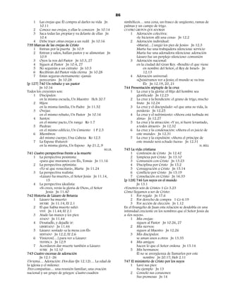 86
    1     Las ovejas que Él compra al darles su vida Jn               simbólicos… una cena, un frasco de ungüento, ramas de
          10.11                                                       palmas y un campo de trigo.
     2 Conoce sus ovejas, y ellas le conocen Jn 10.14                 CUATRO GRUPOS QUE ADORAN
     3 Saca todas las propias y va delante de ellas Jn                    1    Adoración colectiva:
          10.4                                                                 «le hicieron allí una cena» Jn 12.2
     4 Debe traer otras ovejas a un redil Jn 10.16                         2 Adoración individual:
739 Marcas de las ovejas de Cristo                                             «María[…] ungió los pies de Jesús» Jn 12.3
     1 Entran por la puerta Jn 10.9                                            Marta fue una trabajadora silenciosa: servicio
     2 Entran y salen, hallan pastos y se alimentan Jn                         María fue una adoradora silenciosa: adoración
          10.9                                                                 Lázaro fue un perplejo silencioso: comunión
     3 Oyen la voz del Pastor Jn 10.3, 27                                  3 Adoración nacional:
     4 Siguen al Pastor Jn 10.4, 27                                            en la ciudad del Gran Rey. «Bendito el que viene
     5 No seguirán a un extraño Jn 10.5                                             en nombre del Señor, el Rey de Israel» Jn
     6 Recibirán del Pastor vida eterna Jn 10.28                                    12.13
     7 Están seguras eternamente: «jamás                                   4 Adoración universal:
          perecerán» Jn 10.28                                                  «Quisiéramos ver a Jesús; el mundo se va tras
[p 127] 740 Un rebaño y un pastor                                                   Él» Jn 12.19, 20, 21
          Jn 10.16                                                    744 Presentación séptuple de la cruz
Todos los creyentes son:                                                   1 La cruz y la gloria: el Hijo del hombre sea
     1 Discípulos:                                                             glorificado Jn 12.23
          en la misma escuela, Un Maestro Hch 20.7                         2 La cruz y la bendición: el grano de trigo, mucho
     2 Hijos:                                                                  fruto Jn 12.24
          en la misma familia, Un Padre Jn 11.52                           3 La cruz y el discipulado: «el que ama su vida, la
     3 Ovejas:                                                                 perderá» Jn 12.25
          en el mismo rebaño, Un Pastor Jn 10.16                           4 La cruz y el sufrimiento: «Ahora está turbada mi
     4 Santos:                                                                 alma» Jn 12.27
          en el mismo pacto, Un rango Ro 1.7                               5 La cruz y la atracción: «Y yo, si fuere levantado,
     5 Piedras:                                                                a todos atraeré» Jn 12.32
          en el mismo edificio, Un Cimiento 1 P 2.5                        6 La cruz y la condenación: «Ahora el es juicio de
     6 Miembros:                                                               este mundo» Jn 12.31
          del mismo cuerpo, Una Cabeza Ro 12.5                             7 La cruz y la expulsión: «Ahora el príncipe de
     7 La Esposa (Futuro):                                                     este mundo será echado fuera» Jn 12.31
          en la misma gloria, Un Esposo Ap 21.2, 9                                                                        H. BELL
                                                        M.I.R.        745 La vida cristiana
741 Cuatro perspectivas frente a la muerte                                 1 Confesión de Cristo Jn 12.42
     1 La perspectiva pesimista:                                           2 Limpieza por Cristo Jn 13.10
          «para que muramos con Él», Tomás Jn 11.16                        3 Comunión con Cristo Jn 13.23
     2 La perspectiva optimista:                                           4 Disciplina por Cristo Jn 15.2
          «Yo sé que resucitará», Marta Jn 11.24                           5 Consagración a Cristo Jn 15.14
     3 La perspectiva realista:                                            6 Conflicto por Cristo Jn 15.19
          «Lázaro ha muerto», el Señor Jesús Jn 11.14,                     7 Consolación en Cristo Jn 16.33
               15                                                     [p 128] 746 Los suyos en el mundo
     4 La perspectiva idealista:                                               Jn 13.1
          «Si crees, verás la gloria de Dios», el Señor               «Vosotros sois de Cristo» 1 Co 3.23
               Jesús Jn 11.40                                         Cómo llegamos a ser de Cristo:
742 Historia de Lázaro de Betania                                          1 Por regalo Jn 17.6
     1 Lázaro ha muerto:                                                   2 Por derecho de compra 1 Co 6.19
          MUERE Jn 11.14; Ef 2.1                                           3 Por acción de elección Jn 1.12
     2 El que había muerto salió:                                     En el Evangelio de Juan esta relación se desdobla en una
          VIVE Jn 11.44; Ef 2.1                                       intimidad creciente en los nombres que el Señor Jesús da
     3 Atado las manos y los pies:                                    a «los suyos».
          ATADO Jn 11.44                                                   1 Mis ovejas:
     4 Desatadle, y dejadle ir:                                                siguen al Pastor Jn 10.26, 27
          LIBERTADO Jn 11.44                                               2 Mis siervos:
     5 Lázaro: sentado «a la mesa con Él»                                      siguen al Maestro Jn 12.26
          SENTADO Jn 12.2; Ef 2.6                                          3 Mis discípulos:
     6 Vinieron[…] para ver a Lázaro:                                          se aman unos a otros Jn 13.35
          TESTIFICA Jn 12.9                                                4 Mis amigos:
     7 Acordaron dar muerte también a Lázaro:                                  hacen lo que el Señor ordena Jn 15.14
          SUFRE Jn 12.10                                                   5 Mis hermanos:
743 Cuatro escenas de adoración                                                Él no se avergüenza de llamarlos por este
          Jn 12.1–26                                                                nombre Jn 20.17; Heb 2.11
Un tema… Adoración: Dos días (Jn 12.12)… La edad de                   747 El ministerio de Cristo por los suyos
la iglesia y el milenio:                                                   1 Lavó sus pies:
Tres compañías… una reunión familiar, una ovación                              Su ejemplo Jn 13
nacional y un grupo de griegos: Cuatro cuadros                             2 Consoló sus corazones:
                                                                               Sus promesas Jn 14
 