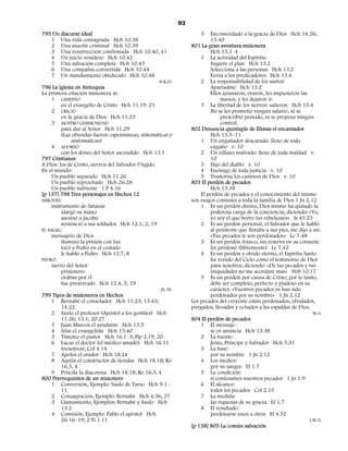 93
795 Un discurso ideal                                                  5   Encomendado a la gracia de Dios Hch 14.26;
    1 Una vida consagrada Hch 10.38                                        15.40
    2 Una muerte criminal Hch 10.39                                801 La gran aventura misionera
    3 Una resurrección confirmada Hch 10.40, 41                            Hch 13.1–4
    4 Un juicio venidero Hch 10.42                                     1 La actividad del Espíritu:
    5 Una salvación completa Hch 10.43                                     Sugiere el plan Hch 13.2
    6 Una compañía convertida Hch 10.44                                    Selecciona a las personas Hch 13.2
    7 Un mandamiento obedecido Hch 10.48                                   Envía a los predicadores Hch 13.4
                                                  H.K.D.               2 La responsabilidad de los santos:
796 La iglesia en Antioquía                                                Apartadme Hch 13.2
La primera estación misionera se:                                          Ellos ayunaron, oraron, les impusieron las
    1 CIMENTÓ                                                                   manos, y les dejaron ir.
        en el evangelio de Cristo Hch 11.19–21                         3 La libertad de los siervos: salieron Hch 13.4
    2 CRECIÓ                                                               No se les prometió ningún salario, ni se
        en la gracia de Dios Hch 11.23                                          prescribió período, ni se propuso ningún
    3 MOSTRÓ GENEROSIDAD                                                        control.
        para dar al Señor Hch 11.29                                802 Denuncia quíntuple de Elimas el encantador
        (Las ofrendas fueron espontáneas, sistemáticas y                   Hch 13.5–11
             sintomáticas)                                             1 Un engañador descarado: lleno de todo
    4   ADORNÓ                                                             engaño v. 10
         con los dones del Señor ascendido Hch 13.1                    2 Un villano malvado: lleno de toda maldad v.
797 Cristianos                                                             10
A Dios: los de Cristo, siervos del Salvador Ungido.                    3 Hijo del diablo v. 10
En el mundo:                                                           4 Enemigo de toda justicia v. 10
    Un pueblo separado Hch 11.26                                       5 Trastorna los caminos de Dios v. 10
    Un pueblo reprochado Hch 26.28                                 803 El perdón de pecados
    Un pueblo sufriente 1 P 4.16                                           Hch 13.38
[p 137] 798 Tres personajes en Hechos 12                               El perdón de pecados y el conocimiento del mismo
HERODES:                                                           son rasgos comunes a toda la familia de Dios 1 Jn 2.12
    instrumento de Satanás                                             1 Es un perdón divino, Dios mismo ha quitado la
         alargó su mano                                                    poderosa carga de la conciencia, diciendo: «Yo,
         asesinó a Jacobo                                                  yo soy el que borro tus rebeliones» Is 43.25
         sentenció a sus soldados Hch 12.1, 2, 19                      2 Es un perdón personal, el Salvador que le habló
EL ÁNGEL:                                                                  al penitente que lloraba a sus pies, me dijo a mí:
    mensajero de Dios                                                      «Tus pecados te son perdonados» Lc 7.48
         iluminó la prisión con luz                                    3 Es un perdón franco, sin reserva en su corazón:
         tocó a Pedro en el costado                                        les perdonó (libremente) Lc 7.42
         le habló a Pedro Hch 12.7, 8                                  4 Es un perdón y olvido eterno, el Espíritu Santo
PEDRO:                                                                     ha venido del Cielo como el testimonio de Dios
    siervo del Señor                                                       para nosotros, diciendo: «De tus pecados y tus
         prisionero                                                        iniquidades no me acordaré más» Heb 10.17
         oraban por él                                                 5 Es un perdón por causa de Cristo; por lo tanto,
         fue preservado Hch 12.4, 5, 19                                    debe ser completo, perfecto y piadoso en su
                                                    JS. FS.                carácter. «Vuestros pecados os han sido
799 Tipos de misioneros en Hechos                                          perdonados por su nombre» 1 Jn 2.12
    1 Bernabé el consolador Hch 11.23; 13.43;                      Los pecados del creyente están perdonados, olvidados,
         14.22                                                     purgados, llevados y echados a las espaldas de Dios.
    2 Saulo el profesor (Apóstol a los gentiles) Hch                                                                      W.S.
         11.26; 13.1; 20.27                                        804 El perdón de pecados
    3 Juan Marcos el ayudante Hch 13.5                                 1 El mensaje:
    4 Silas el evangelista Hch 15.40                                       se os anuncia Hch 13.38
    5 Timoteo el pastor Hch 16.1–3; Flp 2.19, 20                       2 La fuente:
    6 Lucas el doctor (el médico amado) Hch 16.11                          Jesús, Príncipe y Salvador Hch 5.31
         (nosotros); Col 4.14                                          3 La base:
    7 Apolos el orador Hch 18.24                                           por su nombre 1 Jn 2.12
    8 Aquila el constructor de tiendas Hch 18.18; Ro                   4 Los medios:
         16.3, 4                                                           por su sangre Ef 1.7
    9 Priscila la diaconisa Hch 18.18; Ro 16.3, 4                      5 La condición:
800 Prerrequisitos de un misionero                                         si confesamos nuestros pecados 1 Jn 1.9
    1 Conversión, Ejemplo: Saulo de Tarso Hch 9.1–                     6 El alcance:
         11                                                                todos los pecados Col 2.13
    2 Consagración, Ejemplo: Bernabé Hch 4.36, 37                      7 La medida:
    3 Llamamiento, Ejemplos: Bernabé y Saulo Hch                           las riquezas de su gracia Ef 1.7
         13.2                                                          8 El resultado:
    4 Comisión, Ejemplo: Pablo el apóstol Hch                              perdonarse unos a otros Ef 4.32
         26.16–19; 2 Ti 1.11                                                                                            I.W.P.
                                                                   [p 138] 805 La común salvación
 