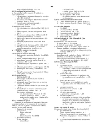 96
         Regó las iglesias jóvenes 1 Co 3.6                                    a no estar ocioso
822 El ministerio de Pablo en Éfeso                                            a ayudar a otros Hch 20.33, 34
La charla de Pablo a los ancianos de la iglesia en                   3 La enseñanza de nuestro Señor
Éfeso comprendió:                                                         y lo que significa: Hch 20.35
    1 Sus actividades personales durante los tres años                         La felicidad es mayor al dar aotros que al
         allí Hch 20.18–27                                                     recibir de otros
    2 Su consejo pastoral para el bienestar futuro de           826 Un contraste destacado en Hechos 21
         la iglesia Hch 20.28–31                                     1 Cuatro mujeres llenas del Espíritu Hch 21.9
    3 Su aplicación práctica de ejemplo y                            2 Cuatro hombres llenos de religión Hch 21.23
         enseñanza Hch 20.32–35                                                                                      W.W.F.
Su ministerio entre ellos fue:                                  827 Las cosas venideras
    1 Sin ostentación, con toda humildad Hch 20.19,                       Hch 24.25
         20                                                          1 Una vida venidera 1 Ti 4.8
    2 Lleno de gracia, con muchas lágrimas Hch                       2 Una era venidera Mt 12.32
         20.19                                                       3 Un mundo venidero Heb 2.5
    3 Provechoso, nada que fuese útil he rehuido de                  4 Juicio venidero Hch 24.25
         anunciaros y enseñaros Hch 20.20                            5 Ira venidera Mt 3.7
    4 Fiel, testifica acerca del arrepentimiento Hch            828 La obediencia de Pablo al llamado de Dios
         20.21, 26                                                        Hch 26.19
    5 Intrépido, no he rehuido anunciaros Hch                   El llamamiento vino por medio de:
         20.27                                                       la voz del Señor y Hch 26.14
    6 Completo, todo el consejo de Dios Hch 20.27                    la visión de los perdidos Hch 26.18
    7 De largo alcance, de noche y de día no he                 (Los perdidos, ciegos, en oscuridad, bajo el control de
         cesado de amonestar Hch 20.29–31                            Satanás, pecadores culpables y desheredados.)
[p 141] 823 Los ancianos y su trabajo                                     para, la vocación de toda su vida, un ministro y
         Hch 20.17, 28                                                    un testigo Hch 26.16
Los ancianos de la Iglesia deben ser:                           Su obediencia fue:
    1 Pastores, para apacentar el rebaño Hch 20.28;                  Inmediata, por lo cual, oh rey Agripa Hch 26.19
         1 P 5.2                                                     Implícita, no fui rebelde Hch 26.19
    2 Guías, para guiar a los santos Heb 13.7                        Impelente, sino que anuncié primeramente a[…]
    3 Guardianes, para velar por las almas de los                         todos[…] que se arrepintiesen Hch 26.20
         creyentes Heb 13.17                                    829 El viaje y el naufragio de Pablo
    4 Supervisores, para supervisar la iglesia 1 P 5.2,                   Hch 27
         3                                                           1 PROTECCIÓN DIVINA:
    5 Maestros, para instruir a los discípulos 1 Ti 3.2                   Julio, aunque era un centurión romano, trata
    6 Padres, para dar consejo y consolación 1 Ts                              con bondad a Pablo y le trae con seguridad
         2.11                                                                  a Roma. Dios está detrás de todo este
    7 Ejemplos, para mostrar el carácter de la Cabeza                          arreglo v. 1
         de la Iglesia 1 P 5.3, 4                                    2 RECHAZO PELIGROSO:
824 El rebaño de Dios                                                     El consejo sabio de Pablo a los marineros fue
         Hch 20.28; 1 P 5.2                                                    rechazado, como el evangelio hoy vv. 10,
    1 Buscado por un Pastor amante cuando se                                   11
         descarría Lc 15.4                                           3 INTERCESIÓN PREVALENTE:
    2 Comprado por el Buen Pastor con su preciosa                         Durante la gran tormenta Pablo oró por la
         sangre Hch 20.28                                                      seguridad de las 275 vidas a bordo vv. 21,
    3 Traído por el Gran Pastor a un solo rebaño Jn                            22
         10.16                                                       4 SALVACIÓN COMPLETA:
    4 Enseñado por los pastores subalternos que lo                        Todas las vidas se salvaron v. 22
         alimentan con la Palabra 1 P 5.2, 4                         5 DEVOCIÓN PERSONAL:
         Los pastores subalternos                                         «De quien soy», posesión
              son el don del Pastor Principal Ef 4.11                     «A quien sirvo», consagración v. 23
              deben ser ejemplo del rebaño 1 P 5.3                   6 RESIGNACIÓN PERFECTA:
              serán recompensados por el Príncipe de los                  La tormenta fue inclemente, Pablo no confiaba
                   Pastores 1 P 5.4                                            en la nave, porque estaba condenada, ni
825 La Palabra de su gracia                                                    tampoco en los marineros, un mal grupo,
    El mensaje de la abundancia gratuita de Dios tiene                         pero contra todas las apariencias, confiaba
un poderoso efecto en los corazones de los creyentes.                          en Dios v. 25
Pablo, al concluir su prédica a los ancianos de Éfeso,                                                                    J.G.
muestra su aplicación práctica:                                 [p 142] 830 El viaje de la vida
    1 La palabra de su gracia                                   El viaje de la vida es como el viaje descrito en Hch 27
         y lo que hace,                                              1 QUÉ CLASE DE VIAJE:
              aparta para Dios                                            Difícil, el viento nos era contrario v. 7
              edifica                                                     Peligroso, la navegación era ya peligrosa v. 9
              da una herencia Hch 20.32                                   Perjudicial, con perjuicio y mucha pérdida v.
    2 El ejemplo de Pablo y                                                    10
         lo que muestra,                                             2 EN QUÉ CONFÍAN LOS HOMBRES PARA EL VIAJE DE LA
              a no codiciar                                               VIDA:
 