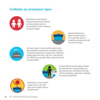 22 IPT - Instituto de Pesquisas Tecnológicas
1 tonelada
1000 L =
Mantenha o reservatório
longe do alcance de crianças.
A criança pode subir no
reservatório e virá-lo sobre si,
ou até se afogar.
Se você colocar o reservatório sobre uma
laje, telhado ou estrutura, verifique se esta
é capaz de aguentar a carga extra. Cada litro
d’água pesa cerca de 1 kg. Um reservatório
de 1000 litros, quando cheio, pesará mais de
uma tonelada!
Mantenha o reservatório
longe da luz e do calor
para que as algas não se
desenvolvam.
Apoie totalmente a
base do reservatório
em superfície plana e
nivelada, para que ele não
vire ou se rompa.
O reservatório ocupa espaço. Antes
de colocá-lo em uma passagem ou
área de serviço, verifique se ele não
sofrerá impactos, esbarrões e batidas
ou causará acidentes.
Cuidados ao armazenar água
 