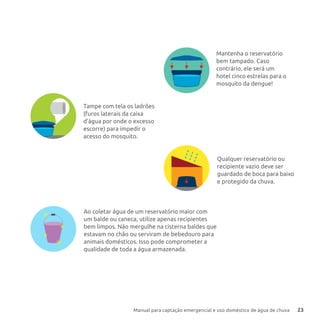 Manual para captação emergencial e uso doméstico de água de chuva 23
Mantenha o reservatório
bem tampado. Caso
contrário, ele será um
hotel cinco estrelas para o
mosquito da dengue!
Qualquer reservatório ou
recipiente vazio deve ser
guardado de boca para baixo
e protegido da chuva.
Tampe com tela os ladrões
(furos laterais da caixa
d’água por onde o excesso
escorre) para impedir o
acesso do mosquito.
Ao coletar água de um reservatório maior com
um balde ou caneca, utilize apenas recipientes
bem limpos. Não mergulhe na cisterna baldes que
estavam no chão ou serviram de bebedouro para
animais domésticos. Isso pode comprometer a
qualidade de toda a água armazenada.
 