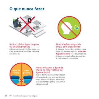 24 IPT - Instituto de Pesquisas Tecnológicas
O que nunca fazer
Nunca coletar água do piso
ou de alagamentos
Nunca beber a água de
chuva sem tratamento
Nunca misturar a água de
chuva no reservatório de
água potável
A água acumulada no chão ou na rua
é extremamente poluída e não deve
ser coletada.
A água de chuva não é potável e sua
ingestão deve ser evitada. Caso não
haja alternativa, você deve fazer os
tratamentos indicados nas páginas
8 a 11 antes de consumi-la.
A água de chuva possui impurezas e
microganismos, mesmo que pareça
limpa. Misturá-la à água da rede de
abastecimento significa contaminar
a água potável.
água da
chuva
água
potável
 
