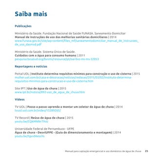 Manual para captação emergencial e uso doméstico de água de chuva 25
Saiba mais
Publicações
Ministério da Saúde. Fundação Nacional de Saúde FUNASA. Saneamento Domiciliar
Manual de instruções de uso das melhorias sanitárias domiciliares | 2014
www.funasa.gov.br/site/wp-content/files_mf/saneamentodomiciliar_manual_de_instrucoes_
de_uso_dasmsd.pdf
Ministério da Saúde. Sistema Único de Saúde.
Cuidados com a água para consumo humano | 2011
pesquisa.bvsalud.org/bvsms/resource/pt/oai-bvs-ms-ms-32053
Reportagens e notícias
Portal UOL | Instituto determina requisitos mínimos para construção e uso de cisterna | 2015
mulher.uol.com.br/casa-e-decoracao/noticias/redacao/2015/03/02/instituto-determina-
requisitos-minimos-para-construcao-e-uso-de-cisterna.htm
Site IPT | Uso de água da chuva | 2015
www.ipt.br/noticia/892-uso_de_agua_de_chuva.htm
Vídeos
TV UOL | Passo a passo: aprenda a montar um coletor de água de chuva | 2014
tvuol.uol.com.br/video/15289265/
TV Record | Reúso de água de chuva | 2015
youtu.be/CQkMNNr79sU
Universidade Federal de Pernambuco - UFPE
Água de chuva - DesviUFPE - (Guia de dimensionamento e montagem) | 2014
youtu.be/tgvv06essYs
 