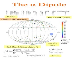 King et. al. , MNRAS,422, 3370, (2012)
Dipole+Monopole Maximum Likelihood Fit:
295 absorbers
4 parameters
l= 320o, b=-11o
...