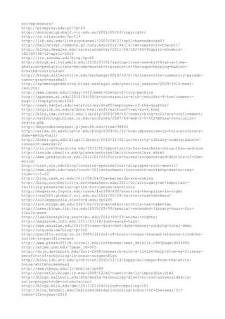 entrepreneurs/
http://przepisy.edu.pl/?p=20
http://monicac.global2.vic.edu.au/2011/05/03/copyright/
http://cs.cityu.edu/?p=119
http://lib.asu.edu/librarychannel/2007/09/27/ep52-bannedbooks07
http://helldriver.commons.gc.cuny.edu/2012/04/14/two-years-in-the-pit/
http://blogs.desales.edu/salesiancenter/2011/04/%E2%80%9Capril-showers-
%E2%80%9D-12-april-2010
http://lts.sonoma.edu/blog/?p=50
http://blogs.ei.columbia.edu/2010/07/01/saving-lives-one-birth-at-a-time-
ghanaian-pediatricians-become-master-trainers-in-the-aaps-helping-babies-
breathe-curriculum/
http://blogs.millersville.edu/exchange/2010/10/21/millersville-community-parade-
names-grand-marshal/
http://swimminganddiving.blogs.wesleyan.edu/previous_seasons/2009-2010-meet-
results/
http://www.uwosh.edu/today/2432/meet-the-prof-troy-perkins
http://apanews.si.edu/2010/04/08/a-conversation-with-jennifer-8-lee/comment-
page-1/?replytocom=1563
http://news.sanjac.edu/watercooler/staff/employee-of-the-quarter/
http://digilib.bu.edu/w/docs/html/soft/microsoft-works-9.html
http://blog.law.cornell.edu/library/2010/08/16/researching-solitary-confinement/
http://technology.blogs.ie.edu/archives/2007/04/web-2-0-%C2%BFuna-revolucion-
segura.php
http://beyondbrownpaper.plymouth.edu/item/38860
http://wicse.cs.washington.edu/blog/2009/01/02/how-impressive-is-this-professor-
dame-wendy-hall/
http://homer.gsu.edu/blogs/library/2010/11/02/university-library-undergraduate-
research-awards-2/
http://ciu.northcarolina.edu/2011/01/opportunity-for-teachers-china-then-and-now
http://inside.oberlin.edu/places/entries/delicious-colors.shtml
http://www.greatplains.edu/2011/01/03/future-nurses-surgeons-and-doctors-of-the-
world/
http://cisr.ucr.edu/blog/invasive-species/cisr-diaprepes-root-weevil/
http://www.ipsb.edu/news/touch-101/attachment/noncredit-workshop-master-reg-
form-11-1-10
http://blog.nasm.si.edu/2011/08/04/the-perseids-are-coming
http://blog.oncofertility.northwestern.edu/2011/02/surrogacy-an-important-
fertility-preservation-option-for-cancer-survivors
http://magazine.loyola.edu/issue/fall09/632/ensuring-the-price-is-right
http://cra0001.global2.vic.edu.au/2011/05/29/saints-crush-dockers/
http://collegepuzzle.stanford.edu/?p=205
http://acs.blogs.wm.edu/2007/02/15/a-windfall-profits-tax-take-two
http://news.blogs.lib.lsu.edu/2010/05/06/special-extended-library-hours-for-
finals-week
http://lawlibraryblog.seattleu.edu/2012/05/23/animal-rights/
http://magazine.cofc.edu/2011/03/18/josh-sarah-hays/
http://www.waialae.edu/2010/09/exec-kid-chef-duke-kenney-cooking-local-demo
http://ucq.edu.mx/blog/?p=352
http://pacific.scoop.co.nz/2009/10/out-of-hours-tongan-tsunami-silence-troubles-
nation-in-pacific-scare
http://www.pressoffice.cornell.edu/inthenews/news_details.cfm?pageid=24480
http://anime.unm.edu/?page_id=505
http://dujs.dartmouth.edu/fall-2008/research-with-a-little-help-from-my-friends-
benefits-of-schooling-in-ocean-surgeonfish
http://blog.lib.utc.edu/archivist/2010/12/14/happy-holidays-from-the-white-
house/whitehousexmas4
http://www.hksyu.edu/jc/mobile/?p=89
http://cervello.blogs.ie.edu/2008/12/el-cuento-de-lo-imposible.html
http://blogs.salleurl.edu/dtm-media-technology/disefoto-con-universidad-la-
salle-proyecto-de-colaboracion/
http://blogs.miis.edu/dmc/2011/02/24/cloud-computing-101
http://blog.kendall.edu/featured/kendall-cooking-school-of-the-year/51?
vcmon=10&vcyear=2010
 