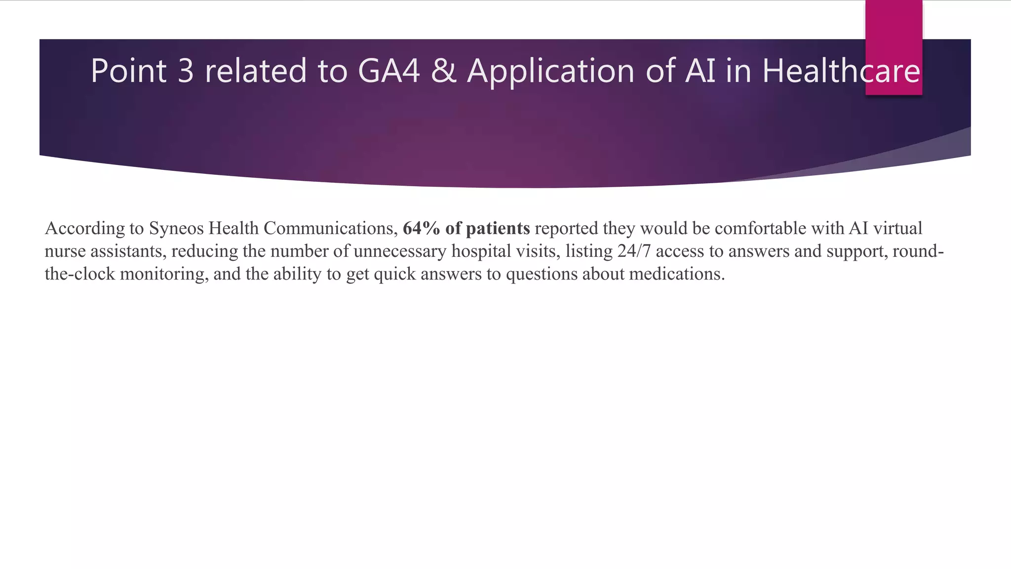 Point 3 related to GA4 & Application of AI in Healthcare
According to Syneos Health Communications, 64% of patients reported they would be comfortable with AI virtual
nurse assistants, reducing the number of unnecessary hospital visits, listing 24/7 access to answers and support, round-
the-clock monitoring, and the ability to get quick answers to questions about medications.
 