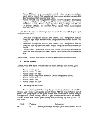  Alamat Multicast, yang menyediakan metode untuk mengirimkan sebuah 
paket data ke banyak host yang berada dalam group yang sama. Alamat ini 
digunakan dalam komunikasi one-to-many. 
 Alamat Anycast, yang menyediakan metode penyampaian paket data kepada 
anggota terdekat dari sebuah group. Alamat ini digunakan dalam komunikasi 
one-to-one-of-many. Alamat ini juga digunakan hanya sebagai alamat tujuan 
(destination address) dan diberikan hanya kepada router, bukan kepada 
host-host biasa. 
Jika dilihat dari cakupan alamatnya, alamat unicast dan anycast terbagi menjadi 
alamat-alamat berikut: 
 Link-Local, merupakan sebuah jenis alamat yang mengizinkan sebuah 
komputer agar dapat berkomunikasi dengan komputer lainnya dalam satu 
subnet. 
 Site-Local, merupakan sebuah jenis alamat yang mengizinkan sebuah 
komputer agar dapat berkomunikasi dengan komputer lainnya dalam sebuah 
intranet. 
 Global Address, merupakan sebuah jenis alamat yang mengizinkan sebuah 
komputer agar dapat berkomunikasi dengan komputer lainnya dalam Internet 
IPv6. 
Sementara itu, cakupan alamat multicast dimasukkan ke dalam struktur alamat. 
5. Unicast Address 
Alamat unicast IPv6 dapat diimplementasikan dalam berbagai jenis alamat, yakni: 
 Alamat unicast global 
 Alamat unicast site-local 
 Alamat unicast link-local 
 Alamat unicast yang belum ditentukan (unicast unspecified address) 
 Alamat unicast loopback 
 Alamat Unicast 6to4 
 Alamat Unicast ISATAP 
6. Unicast global addresses 
Alamat unicast global IPv6 mirip dengan alamat publik dalam alamat IPv4. 
Dikenal juga sebagai Aggregatable Global Unicast Address. Seperti halnya alamat 
publik IPv4 yang dapat secara global dirujuk oleh host-host di Internet dengan 
menggunakan proses routing, alamat ini juga mengimplementasikan hal serupa. 
Struktur alamat IPv6 unicast global terbagi menjadi topologi tiga level (Public, Site, 
dan Node). 
Field Panjang Keterangan 
001 3 bit Berfungsi sebagai tanda pengenal alamat, bahwa alamat 
 