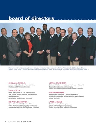 board of directors                                                                         >     >     >      >     >      >     >     >        >   >   >   >




     Pictured, from left to right, are Jerry W. Levin, Richard U. De Schutter, Robert L. Lumpkins, Beth M. Pritchard, Leslie S. Biller, Allan L. Schuman,
     William L. Jews, James J. Howard, Jochen Krautter, Stefan Hamelmann, Joel W. Johnson, Jerry A. Grundhofer, Ulrich Lehner, Douglas M. Baker, Jr.




     DOUGLAS M. BAKER, JR.                                                      JERRY A. GRUNDHOFER
     President and Chief Operating Officer, Ecolab Inc.,                        Chairman of the Board, President and Chief Executive Officer, U.S.
     Director since 2004, Finance Committee                                     Bancorp (financial services holding company),
                                                                                Director since 1999, Compensation and Governance Committees
     LESLIE S. BILLER
     Retired Vice Chairman and Chief Operating Officer,                         STEFAN HAMELMANN
     Wells Fargo & Company (diversified financial services),                    Member of the Shareholders’ Committee, Henkel KGaA
     Director since 1997,                                                       (chemicals, household and personal care products and adhesives),
     Compensation* and Governance Committees                                    Director since 2001

     RICHARD U. DE SCHUTTER                                                     JAMES J. HOWARD
     Retired Chairman and Chief Executive Officer,                              Chairman Emeritus, Xcel Energy Inc.
     DuPont Pharmaceutical Company (drug manufacturer),                         (electric and natural gas energy company),
     Director since 2004, Audit and Compensation Committees                     Director since 1991, Audit* and Finance Committees




54   >   ECOLAB 2003 details matter
 