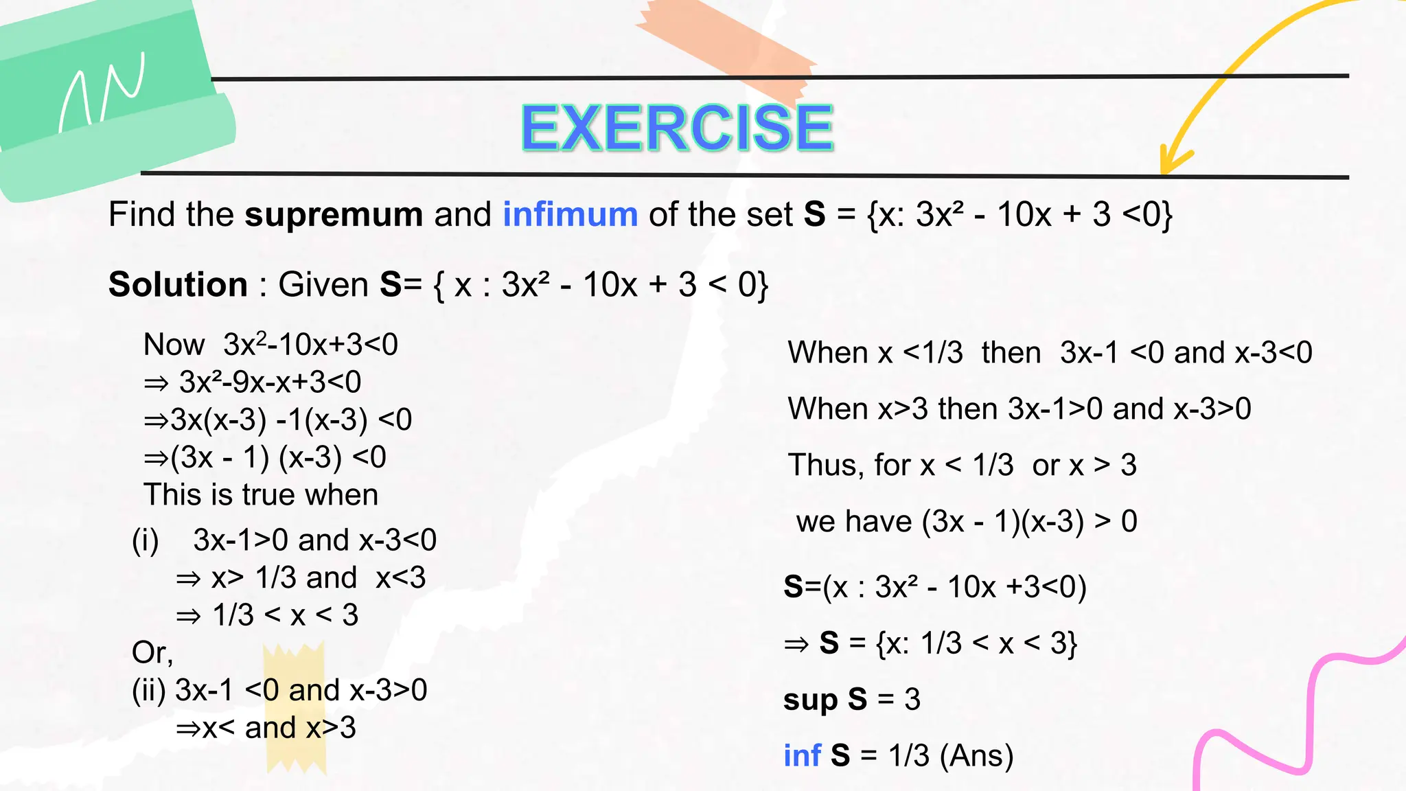 Find the supremum and infimum of the set S = {x: 3x² - 10x + 3 <0}
Solution : Given S= { x : 3x² - 10x + 3 < 0}
Now 3x2-10x+3<0
⇒ 3x²-9x-x+3<0
⇒3x(x-3) -1(x-3) <0
⇒(3x - 1) (x-3) <0
This is true when
(i) 3x-1>0 and x-3<0
⇒ x> 1/3 and x<3
⇒ 1/3 < x < 3
Or,
(ii) 3x-1 <0 and x-3>0
⇒x< and x>3
When x <1/3 then 3x-1 <0 and x-3<0
When x>3 then 3x-1>0 and x-3>0
Thus, for x < 1/3 or x > 3
we have (3x - 1)(x-3) > 0
S=(x : 3x² - 10x +3<0)
⇒ S = {x: 1/3 < x < 3}
sup S = 3
inf S = 1/3 (Ans)
 