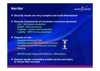 Net-Net
Security issues are very complex and multi-dimensional
Security investments are business insurance decisions
_ Life – DoS attack protection
_ Health – SLA assurance
_ Property – service theft protection
_ Liability – SPIT & virus protection
Degrees of risk
_ Internet-connected ITSP ` High
_ Facilities-based HIP residential services
_ Facilities-based HIP business services
_ Peering Low
_ NEVER forget disgruntled Malcom, OfficeSpace
Session border controllers enable service providers
to insure their success
 