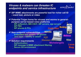 Viruses & malware can threaten IC
endpoints and service infrastructure
SIP MIME attachments are powerful tool for richer call ID
- vcard text, picture or video
Potential Trojan horse for viruses and worms to general-
purpose server-based voice platforms
_ SIP softswitch, IMS CSCF, SIP servers, app servers
_ SIP PBX
_ SIP phones & PCs
New endpoint vulnerabilities
_ Embedded web servers - IP phones
_ Java apps – liability or asset?
Solution requirements
_ Authentication
_ SIP message & MIME attachment filtering
_ Secure OS environment
SQL
Slammer
Melissa
Code Red
Nimda
Sobig
Love
Bug
Klez
Michelangelo
 