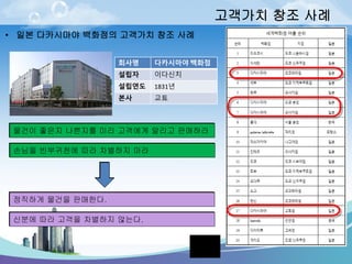 고객가치창조사례 
•일본다카시마야백화점의고객가치창조사례 
물건이좋은지나쁜지를미리고객에게알리고판매하라 
손님을빈부귀천에따라차별하지마라 
정직하게물건을판매한다. 
신분에따라고객을차별하지않는다. 
회사명 
다카시마야백화점 
설립자 
이다신치 
설립연도 
1831년 
본사 
교툐  