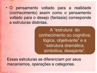 • O pensamento voltado para a realidade
  (conhecimento) assim como o pensamento
  voltado para o desejo (fantasia) corresponde
  a estruturas distintas.
                       A “estrutura do
                 conhecimento ou cognitiva,
                   lógica, objetivante” e a
                    “estrutura dramática,
                    simbólica, desejante”.
Essas estruturas se diferenciam por seus
mecanismos, operações e categorias.
 