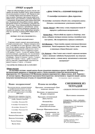 УРОКИ на природе
Утром шел небольшой дождик, уже казалось, что вот –вот
сорвется эта поездка. Но ребята 3 класса своими позитивны-
ми мыслями разогнали все тучки на небе. Наконец-то появи-
лось солнышко. Дорога заняла мало времени, так как мы
ехали на машине. Очутившись через несколько минут на вол-
шебной полянке стали готовиться к занятиям. Первый урок
—математика. На уроке решали задачи, прошли новый мате-
риал. На уроке русского языка ребятам помогала окружаю-
щая красота осеннего леса, они готовились к написанию сочи-
нения на тему : «Осень». Фантазия ребят была безгранична.
На уроке ребята знакомились с произведениями русских
классиков об осени. Читали, размышляли, сравнивали и вы-
сказывали свои чувства и мысли. Между уроками проходили
инте сные переменки, на которых ребята собирали ягоды и
грибы. А.А. Шишалова
ПЕРВЫЕ РЕЗУЛЬТАТЫ КОНКУРСА
«Самый классный класс»
Стартовал самый главный школьный конкурс
«Самый классный класс» . Первые конкурсы нача-
лись 7 сентября. В этот день проходил «День тури-
ста». В лесу прошёл конкурс «Полное лукошко». По
итогам конкурса выявились победители: 1 место—
3 класс (149 грибов), 2 место у учащихся 2 класса
( 125 грибов) , 3 место— 4 класс (87 грибов). Подво-
дя итоги конкурса , выяснилось, что коллективом
школы был найден 441 гриб. Итоги первенства по
«Снайперу» . Среди 1-2 классов 1 место у 2 класса.
Среди 3-4-5 классов 1 место у ребят 3 класса, 2
место в тяжелой у упорной борьбе получили уча-
щиеся 5 класса, а 3 место - у 4 класса.
ТАК ДЕРЖАТЬ! ПОБЕДА НЕ ЗА ГОРАМИ!!!
« ДЕНЬ ТУРИСТА» и ОСЕННИЙ ПОХОД В ЛЕС
11 сентября состоялся « День туриста»
19 сентября состоялся «Поход в лес» интерната школы .
Отзывы и воспоминания участников походов.
Талеев Леонид: « Мне очень—очень понравился поход. Я
вернулся с радостным настроением!».
Канева Инна : «После обеда мы играли в «Снайпер», пели
песни, собирали пестрые осенние листья, последние поле-
вые цветы…Мы возвратились чумазые и веселые!».
Н.И. Мелехова: « Такие походы служат сплочению детского
коллектива. Поход понравился. Наш 2 класс занял 1 место
в номинации «Самый большой лист».
С.А. Коткина: « Наш 3 класс шел в поход с хорошим настрое-
нием и желанием победить! В результате мы получили
два первых места , а также массу впечатлений и отличное
настроение!”
Планы на октябрь
Праздник , посвященный «Дню
пожилых людей»
Месячник по краеведению
«В краю северном»
Праздник, посвященный
Дню учителя
Осенний бал
Конкурс чтецов
«Классики об осени»
Конкурс «Красавица осень»
Соревнования по
легкой атлетике
между классами.
Наши поздравления!
Коллектив школы, администрация
и профсоюзный комитет от всей
души поздравляет всех, кто отме-
тил свой день рождения в сентябре
2009 года!
Крепкого вам здоровья, счастья,
благополучия, успехов в работе и
учебе, личного счастья!
3 сентября—Вольхина В.Е.
8 сентября- Толстикова Т.А.
29 сентября—Коткина Т.С.
3 сентября—Растегаев С.П.
Коскова Алина
Канюков Константин
Винукан Александра
Талеев Леонид
Вылко Анна
СМЕШИНКИ ИЗ
ТЕТРАДЕЙ
« ДОДЦАТЬ ТРЕТЬСЯ СЕНТЯБРЯ”
Ждем ваших смешинок
Обмен опытом
25 сентября гостями нашей школы были слушатели окружных курсов НО ИППК. Педагогам—
организаторам окружных и городских школ и были показаны открытые воспитательные
мероприятия. Н.Н. Луканова и Н.И Мелехова провели мероприятие « Дары осени», Д.Ф. Ледкова—
«С легким паром». Мероприятия произвели благоприятное впечатление и педагоги нашей школы
получили положительные отзывы от слушателей курсов. А.А. Шишалова—педагог—организатор.
УЧРЕДИТЕЛЬ: ГООУ « НАРЬЯН—
МАРСКАЯ САНАТОРНАЯ ШКОЛА—
ИНТЕРНАТ»
Главный редактор: Н.В. Корепанова
Редакционная коллегия:
П.А. Большакова
А.А. Шишалова
В.А Нивина
Тираж 20 экземпляров
Точка зрения авторов статей может не
совпадать с позицией редакции.
Газета распространяется бесплатно.
Телефон: 8 (818) 53- 4-30-21
Факс: (818) 53 4 30 21
Эл. почта: sanatornaia@mail.ru
 