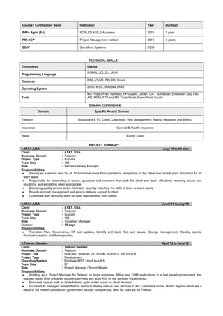 Course / Certification Name Institution Year Duration
SAFe Agist (SA) SCALED AGILE Academy 2015 1 year
PMI ACP Project Management Institute 2015 3 years.
SCJP Sun Micro Systems 2000
TECHNICAL SKILLS
Technology Details
Programming Language
COBOL,JCL,DLI,JAVA
Database
DB2,,VSAM, IMS DB, Oracle
Operating System
Z/OS, MVS,,Windows,UNIX
Tools
MS Project Plan, Remedy, HP Quality Center, CA-7 Scheduler, Endeavor, DB2 File-
AID, NDM, FTP and MS Tools(Word, PowerPoint, Excel)
DOMAIN EXPERIENCE
Domain Specific Area in Domain
Telecom Broadband & TV, Credit Collections, Risk Management, Rating, Mediation and Billing.
Insurance General & Health Insurance
Retail Supply Chain
PROJECT SUMMARY
1.AT&T, USA Julyl’15 to till date
Client : AT&T, USA
Business Domain : Telecom
Project Type : Support
Team Size : 123
Role : Service Delivery Manager
Responsibilities:
• Serving as a service lead for all 11 functional areas from operations perspective to the client and central point of contact for all
team leads.
• Responsible for responding to issues, questions and concerns from both the client and team, effectively resolving issues and
situations, and escalating when appropriate.
• Delivering quality service to the client and team by matching the skills of team to client needs
• Provide account management and service delivery support to client
• Coordinate with recruiting team on open requirements from clients.
2.AT&T, USA Junel’15 to July’15
Client : AT&T, USA
Business Domain : Telecom
Project Type : Support
Team Size : 123
Role : Transition Manager
Duration : 45 days
Responsibilities:
• Transition Plan, Governance, KT tool updates, Identify and track Risk and issues, Change management, Weekly reports,
Runbook creation, and Retrospection.
3.Telenor, Sweden April’12 to June’15
Client : Telenor Sweden
Business Domain : Telecom
Project Title : LEADING NORDIC TELECOM SERVICE PROVIDER
Project Type : Development
Operating System : Windows XP/7, Unix/Linux 6.5
Team Size : 57
Role : Project Manager / Scrum Master
Responsibilities:
• Working as a Project Manager for Telenor on large enterprise Billing and CRM applications in a fast paced environment that
requires faster Time to Market solutions/services and good ROI on the services implemented.
• Executed projects both on Waterfall and Agile model based on client decision.
• Successfully managed onsite/offshore teams to deploy various new services to the Customers across Nordic regions which are a
result of the market competition, government security compliances, New tax rules etc for Telenor.
 