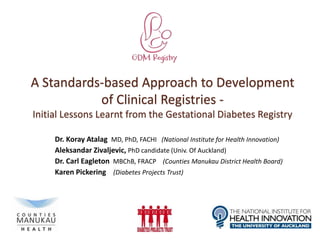 A Standards-based Approach to Development 
of Clinical Registries - 
Initial Lessons Learnt from the Gestational Diabetes Registry 
Dr. Koray Atalag MD, PhD, FACHI (National Institute for Health Innovation) 
Aleksandar Zivaljevic, PhD candidate (Univ. Of Auckland) 
Dr. Carl Eagleton MBChB, FRACP (Counties Manukau District Health Board) 
Karen Pickering (Diabetes Projects Trust) 
 