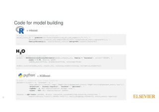 12
12
# model 1: component-wise linear boosting
boost_train_ds <- glmboost(as.formula(paste(icd_atc_use_names[i],"~.")), 
data=data[ins,][c(which_one,sample(which_zero,(length(which_one)),replace=F)),], 
family=Binomial(), control=boost_control(mstop=400,trace=T,center=F))
...
# model 1: GLM with ElasticNet
model1 = H2OGeneralizedLinearEstimator(model_id=post_col, family = 'binomial', solver='IRLSM', 
alpha = 0.99, #mainly LASSO
lambda_search=True, standardize=True, intercept=True)
model1.train(x=index_cols, y=post_col, training_frame=training, validation_frame=val)
...
+ XGBoost
+ mboost
# model 1: component-wise linear boosting
params={'silent': 0, 'nthread': 4, 
'eval_metric':['error','map','map@'+str(top1percent_train),'map@'+str(top1percent_eval),'auc'],
'objective': 'binary:logistic', 'booster': 'gblinear', 
'lambda': 0, #L2 regularization (Ridge) none 
'alpha': 500} #L1 regularization (LASSO)
booster = xgb.train( params, dtrain, num_boost_round=settings.boosting_iterations, 
evals=[(dtrain,'train'),(dtest,'eval')], early_stopping_rounds=10, evals_result =quality)
...
Code for model building
 