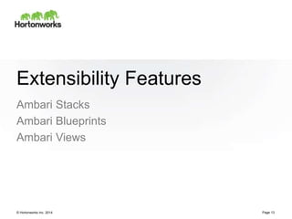 © Hortonworks Inc. 2014
Extensibility Features
Ambari Stacks
Ambari Blueprints
Ambari Views
Page 13
 