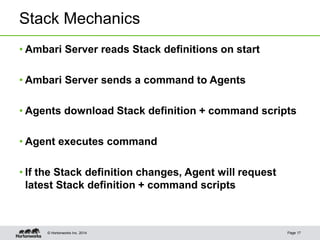 © Hortonworks Inc. 2014
Stack Mechanics
• Ambari Server reads Stack definitions on start
• Ambari Server sends a command to Agents
• Agents download Stack definition + command scripts
• Agent executes command
• If the Stack definition changes, Agent will request
latest Stack definition + command scripts
Page 17
 