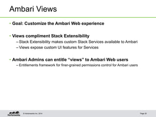 © Hortonworks Inc. 2014
Ambari Views
• Goal: Customize the Ambari Web experience
• Views compliment Stack Extensibility
– Stack Extensibility makes custom Stack Services available to Ambari
– Views expose custom UI features for Services
• Ambari Admins can entitle “views” to Ambari Web users
– Entitlements framework for finer-grained permissions control for Ambari users
Page 20
 