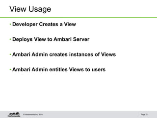 © Hortonworks Inc. 2014
View Usage
• Developer Creates a View
• Deploys View to Ambari Server
• Ambari Admin creates instances of Views
• Ambari Admin entitles Views to users
Page 21
 
