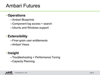 © Hortonworks Inc. 2014
Ambari Futures
• Operations
–Ambari Blueprints
–Component log access + search
–Ubuntu and Windows support
• Extensibility
–Finer-grain user entitlements
–Ambari Views
• Insight
–Troubleshooting + Performance Tuning
–Capacity Planning
Page 22
 