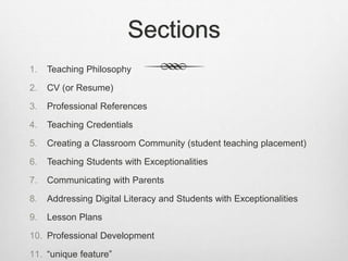 Sections
1. Teaching Philosophy
2. CV (or Resume)
3. Professional References
4. Teaching Credentials
5. Creating a Classroom Community (student teaching placement)
6. Teaching Students with Exceptionalities
7. Communicating with Parents
8. Addressing Digital Literacy and Students with Exceptionalities
9. Lesson Plans
10. Professional Development
11. “unique feature”
 