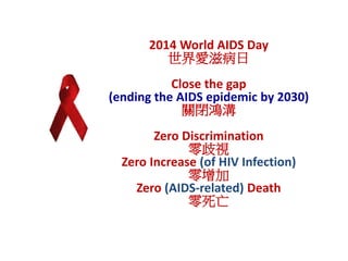 2014 World AIDS Day 
̲ 
Close the gap 
(ending the AIDS epidemic by 2030) 
P] 
Zero Discrimination 
ҕ 
Zero Increase (of HIV Infection) 
 
Zero (AIDS-related) Death 
 
 