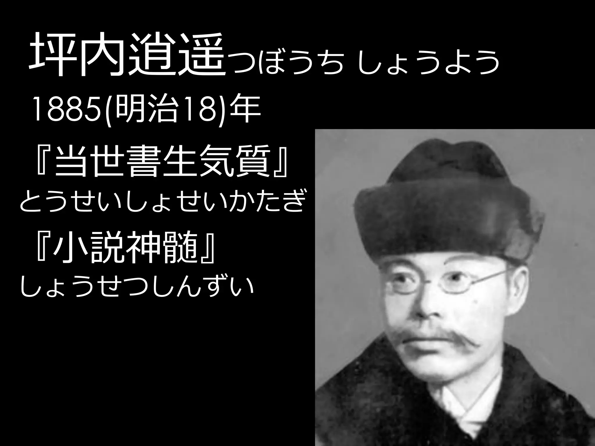 坪内逍遥つぼうち しょうよう
1885(明治18)年
『当世書生気質』
とうせいしょせいかたぎ
『小説神髄』
しょうせつしんずい
 