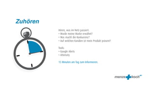 Zuhören
          Hören, was im Netz passiert:
          • Wurde meine Marke erwähnt?
          • Was macht die Konkurrenz?
          • Auf welchen Kanälen ist mein Produkt präsent?

          Tools:
          • Google Alerts
          • Attensity

          15 Minuten am Tag zum Informieren.
 