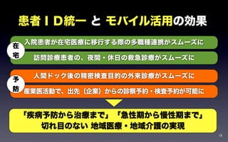 患者ＩＤ統一 と モバイル活用の効果
    入院患者が在宅医療に移行する際の多職種連携がスムーズに
在
宅    訪問診療患者の、夜間・休日の救急診療がスムーズに

     人間ドック後の精密検査目的の外来診療がスムーズに
予
防 産業医活動で、出先（企業）からの診察予約・検査予約が可能に



 「疾病予防から治療まで」「急性期から慢性期まで」
    切れ目のない 地域医療・地域介護の実現 
                                  15
 