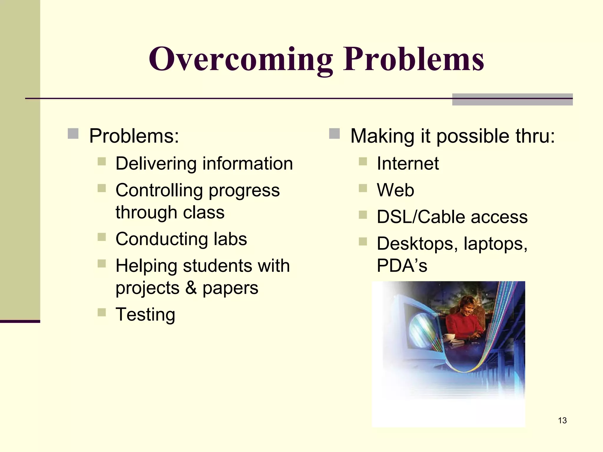 13
Overcoming Problems
 Problems:
 Delivering information
 Controlling progress
through class
 Conducting labs
 Helping students with
projects & papers
 Testing
 Making it possible thru:
 Internet
 Web
 DSL/Cable access
 Desktops, laptops,
PDA’s
 