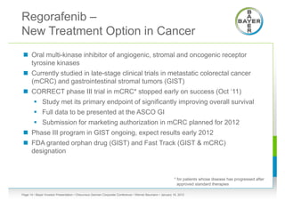 Regorafenib –
New Treatment Option in Cancer
 Oral multi-kinase inhibitor of angiogenic, stromal and oncogenic receptor
  tyrosine kinases
 Currently studied in late-stage clinical trials in metastatic colorectal cancer
  (mCRC) and gastrointestinal stromal tumors (GIST)
 CORRECT phase III trial in mCRC* stopped early on success (Oct ‘11)
         Study met its primary endpoint of significantly improving overall survival
         Full data to be presented at the ASCO GI
         Submission for marketing authorization in mCRC planned for 2012
 Phase III program in GIST ongoing, expect results early 2012
 FDA granted orphan drug (GIST) and Fast Track (GIST & mCRC)
  designation



                                                                                                          * for patients whose disease has progressed after
                                                                                                            approved standard therapies

Page 14 • Bayer Investor Presentation • Cheuvreux German Corporate Conference • Werner Baumann • January 18, 2012
 