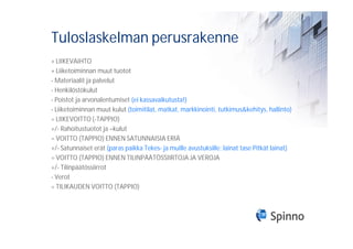 Tuloslaskelman perusrakenne
+ LIIKEVAIHTO
+ Liiketoiminnan muut tuotot
- Materiaalit ja palvelut
- Henkilöstökulut
- Poistot ja arvonalentumiset (ei kassavaikutusta!)
- Liiketoiminnan muut kulut (toimitilat, matkat, markkinointi, tutkimus&kehitys, hallinto)
= LIIKEVOITTO (-TAPPIO)
+/- Rahoitustuotot ja –kulut
= VOITTO (TAPPIO) ENNEN SATUNNAISIA ERIÄ
+/- Satunnaiset erät (paras paikka Tekes- ja muille avustuksille; lainat tase Pitkät lainat)
= VOITTO (TAPPIO) ENNEN TILINPÄÄTÖSSIIRTOJA JA VEROJA
+/- Tilinpäätössiirrot
- Verot
= TILIKAUDEN VOITTO (TAPPIO)
 