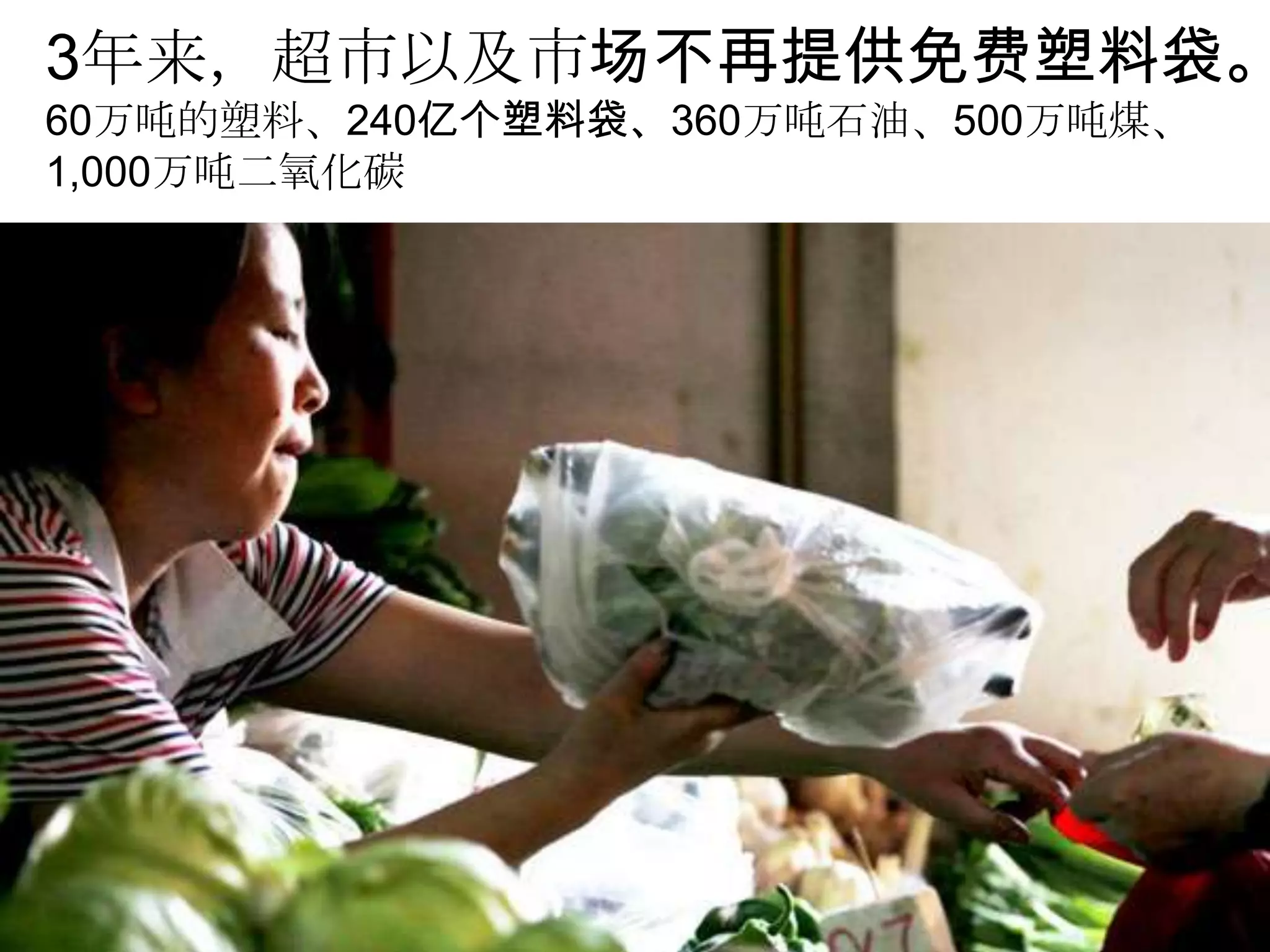 3年来，超市以及市场不再提供免费塑料袋。
60万吨的塑料、240亿个塑料袋、360万吨石油、500万吨煤、
1,000万吨二氧化碳
 