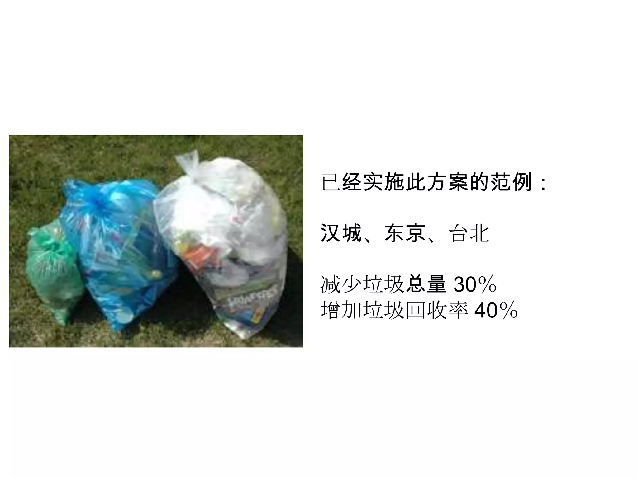 已经实施此方案的范例：

汉城、东京、台北

减少垃圾总量 30％
增加垃圾回收率 40％
 