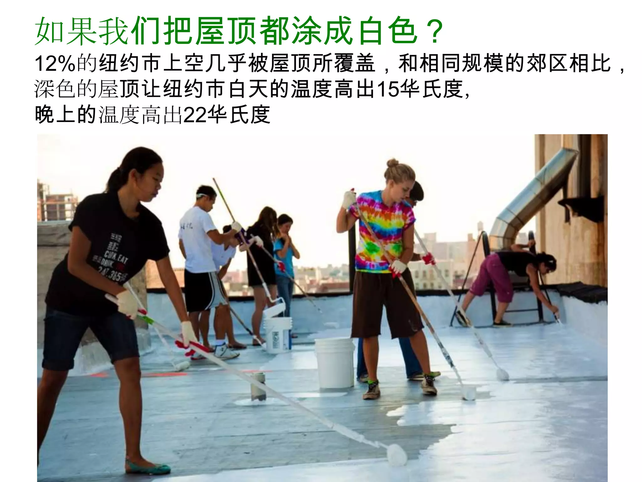 如果我们把屋顶都涂成白色？
12%的纽约市上空几乎被屋顶所覆盖，和相同规模的郊区相比，
深色的屋顶让纽约市白天的温度高出15华氏度，
晚上的温度高出22华氏度
 