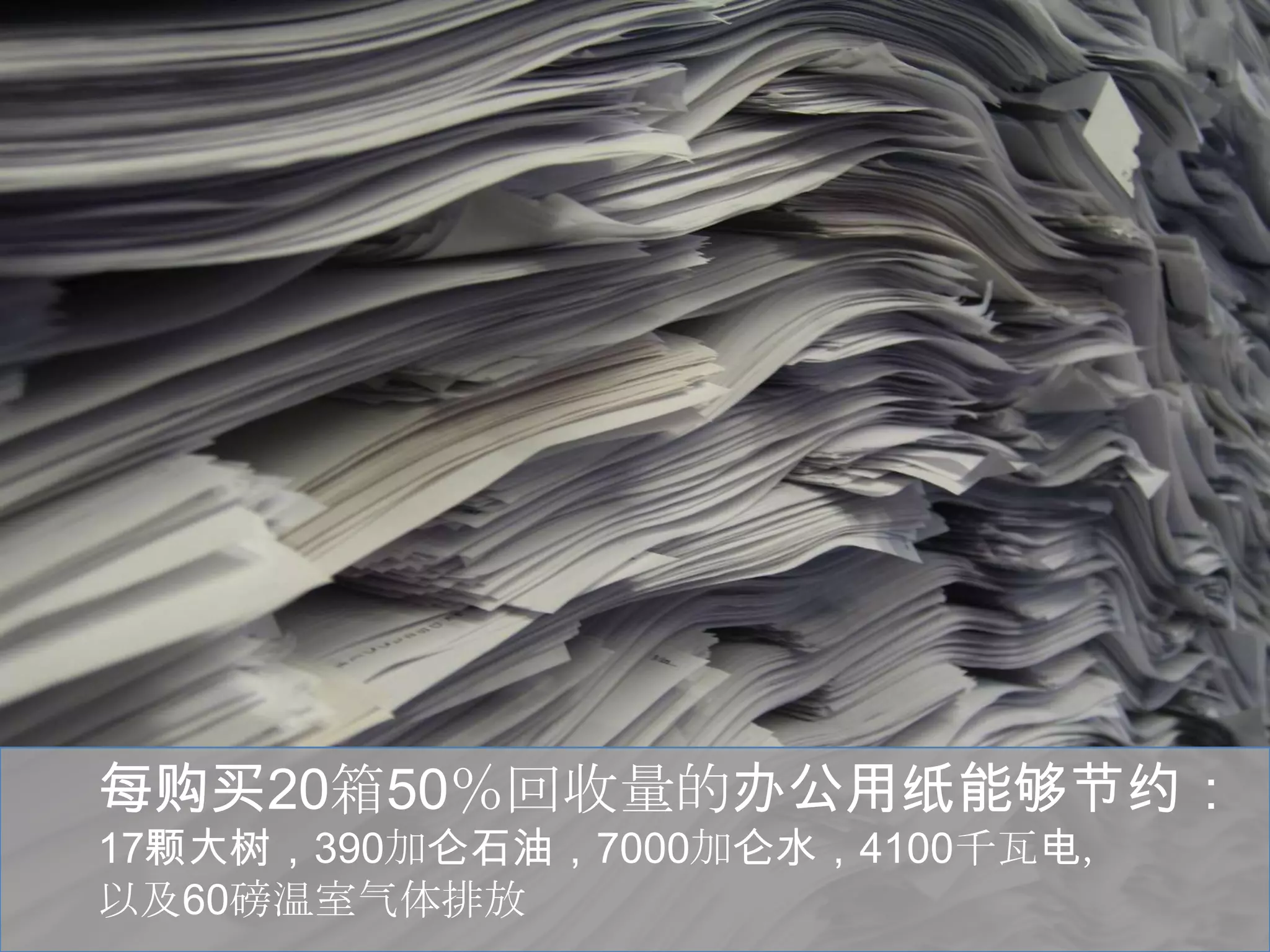 每购买20箱50％回收量的办公用纸能够节约：
17颗大树，390加仑石油，7000加仑水，4100千瓦电，
以及60磅温室气体排放
 