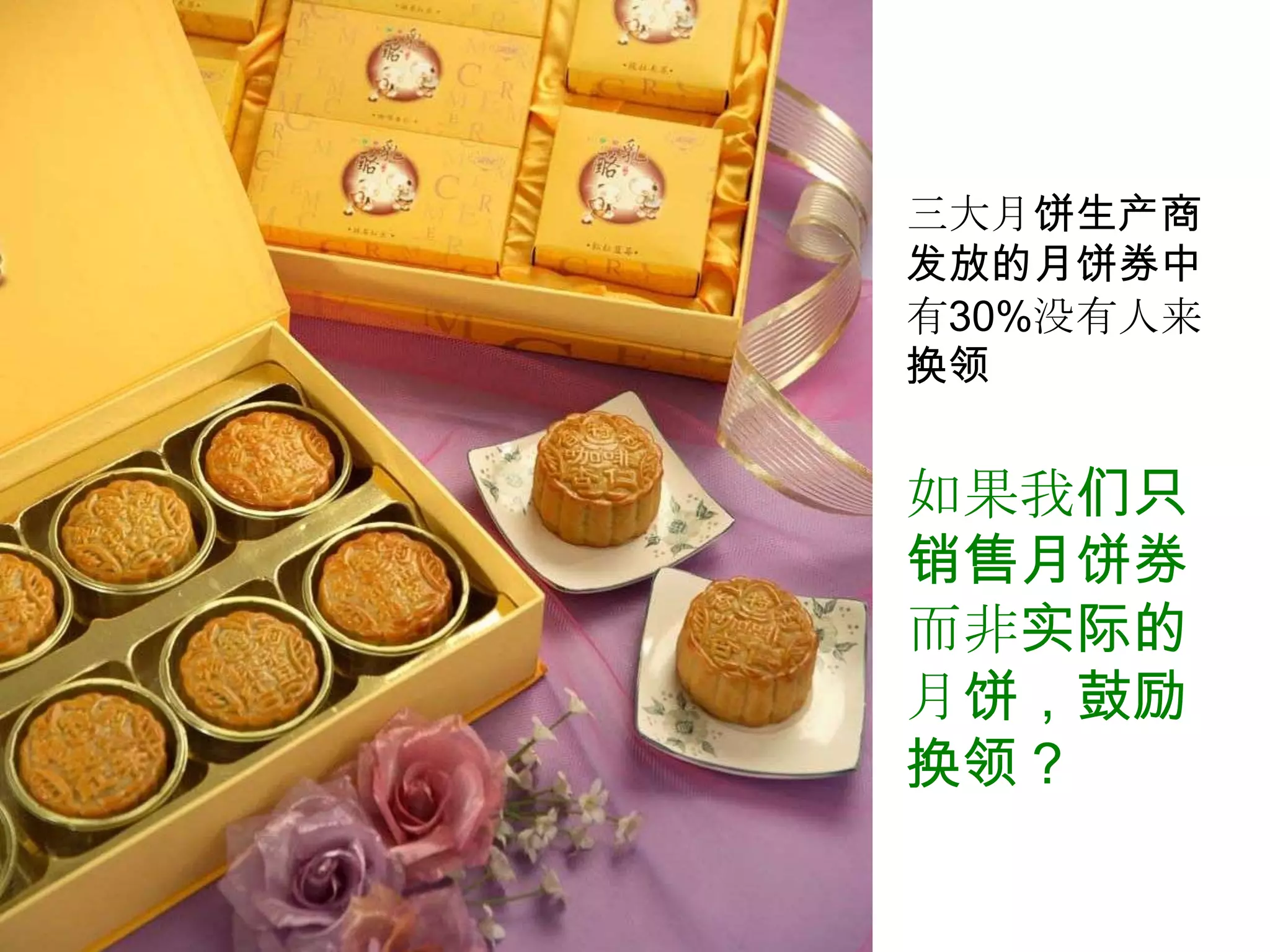 三大月饼生产商
发放的月饼券中
有30%没有人来
换领


如果我们只
销售月饼券
而非实际的
月饼，鼓励
换领？
 