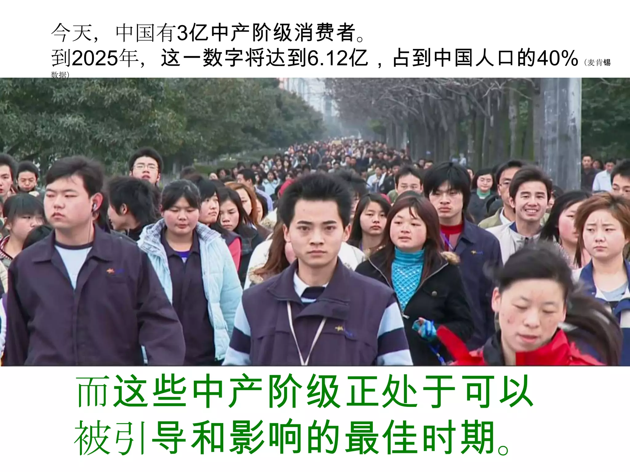 今天，中国有3亿中产阶级消费者。
到2025年，这一数字将达到6.12亿，占到中国人口的40%   （麦肯锡
数据）




  而这些中产阶级正处于可以
  被引导和影响的最佳时期。
 